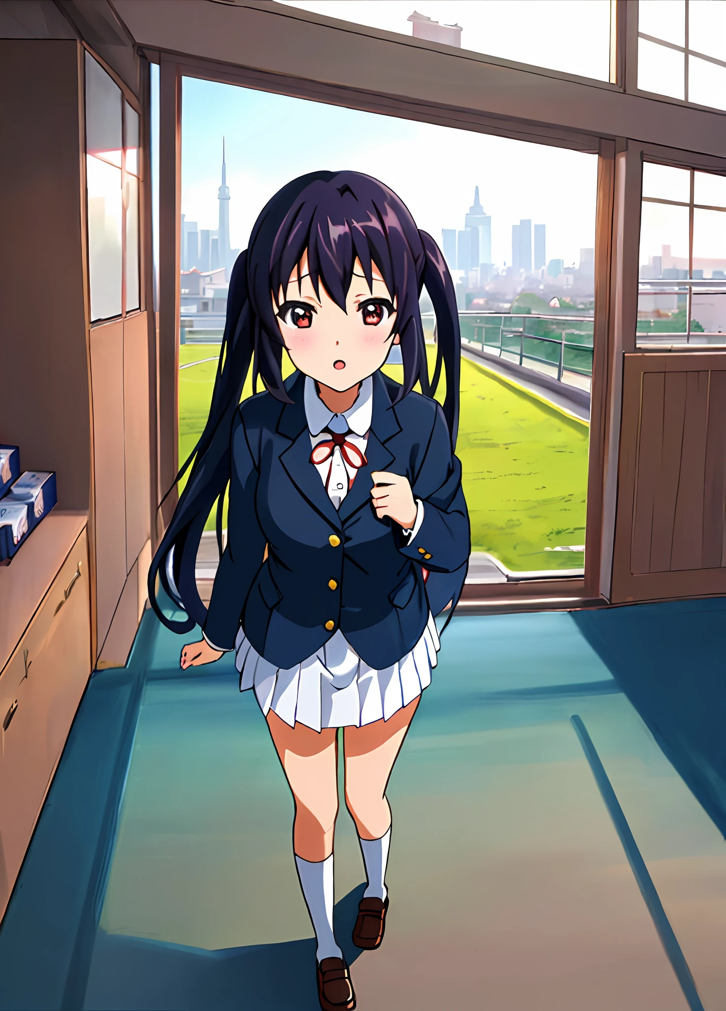 1girl, (((masterpiece))), top-quality, top-quality, High Details, nakano azusa, 1girl, Sakuragaoka High School Uniform, student clothes, Twin-tailed, length hair, A dark-haired, brown-eyed, 独奏, reddish, Dark blue blazer with thin red ribbon, Solid white buttoned shirt under blazer, illustratio, comic strip, soothing tones, Subdued Color, Soft cinematic light, adobe lightroom, photolab, HDR, intricately and hyper-detailed、(((depth of fields))))。(((masterpiece)))。(((top-quality))).)((ultra-detailliert)))。(((illustratio)))。(((takeout))).dynamic focus.big breasts.(((Skyscrapers))).(((A city scape))).(((Face of sadness))). open mouth.(((fighting stance))).(((up chest))).((evening glow)).((the setting sun)).