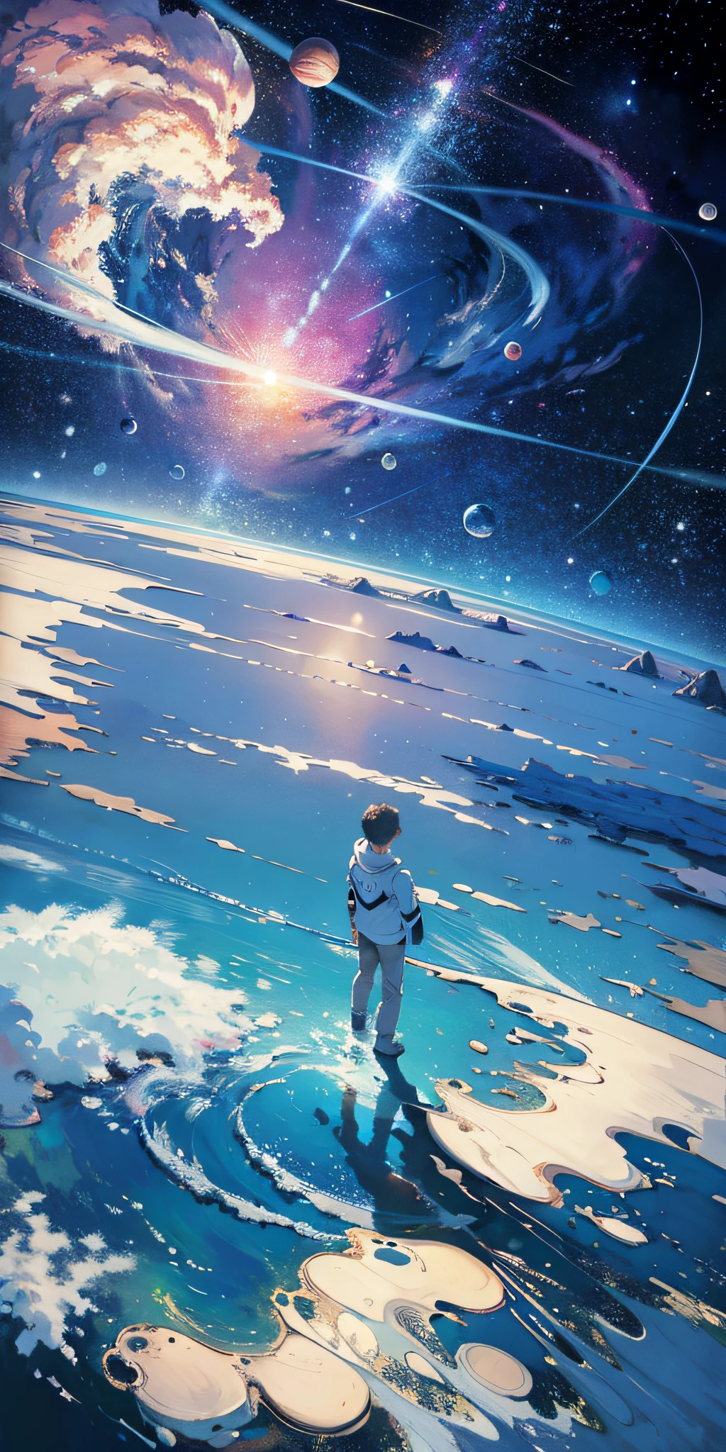 ridiculous resolution, high resolution, (masterpiece:1.4), super detailed, 1boy, seen from above, space, floating, --v 6