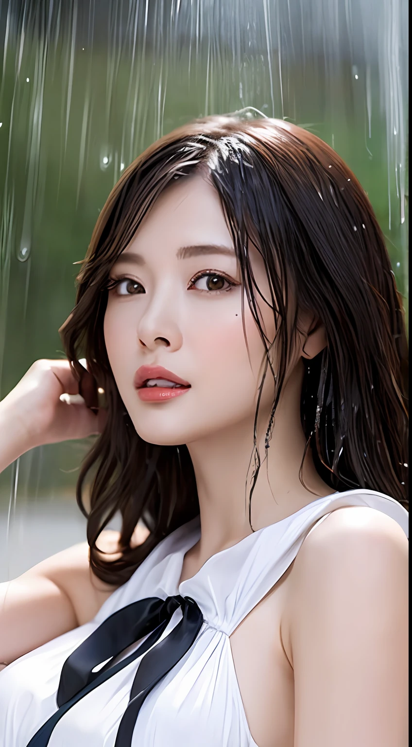 （best qualtiy，4k，tmasterpiece：1.3），Pretty Women，1girl，Raised sexy：1.1，dark brown  hair：1.1，huge tit，（Wet with rain，Wet with rain，Get wet：1.2），White suspenders，Super detailed face，Detailed lips，A detailed eye，二重まぶた