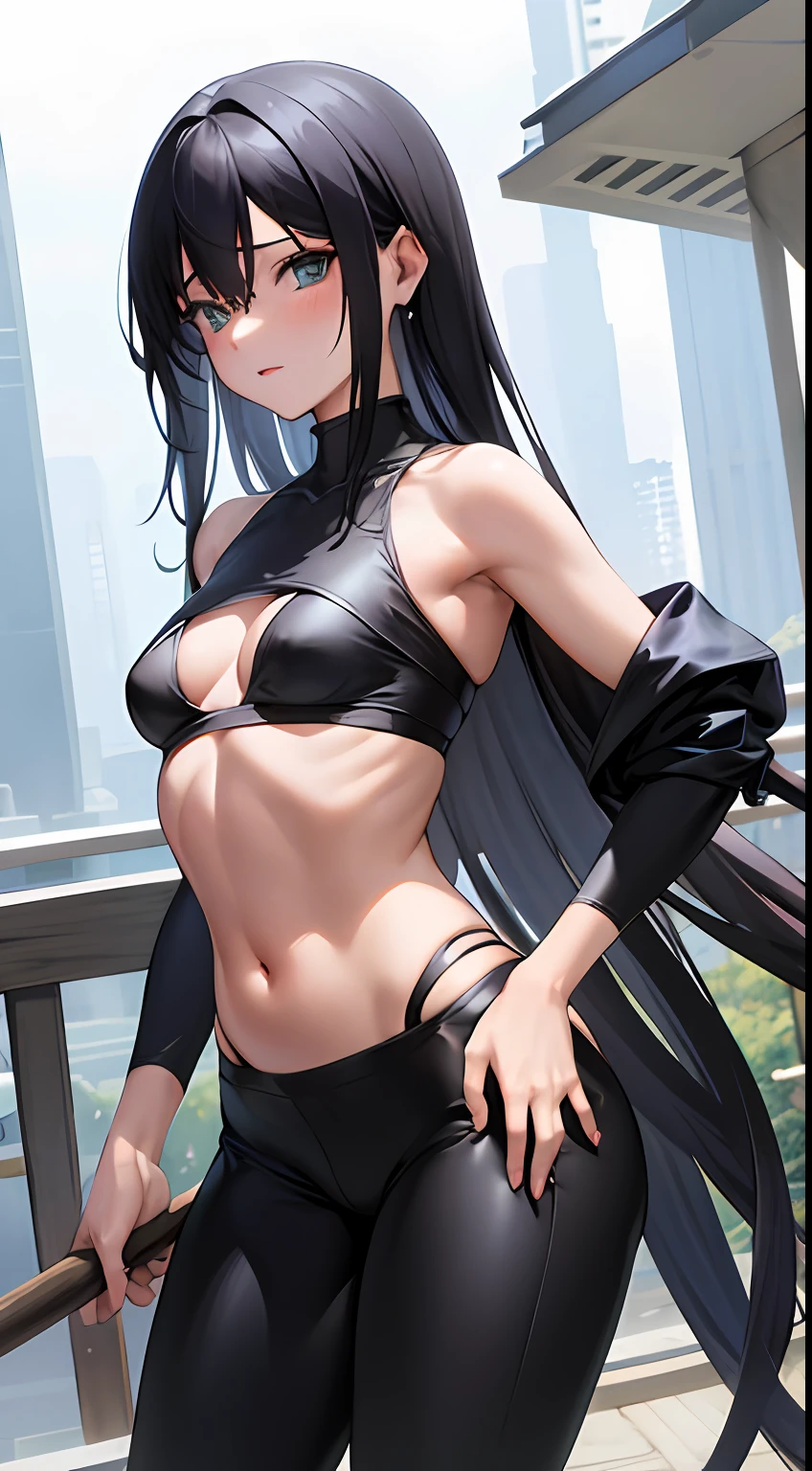 Garota de anime, linda, realista, melhor qualidade, full hd, rosto detalhado, corpo detalhado, cabelos lisos, cabelos brancos, cabelos longos, ombro pequeno, Small thorax, middlebreasts, cintura fina, quadril largo, pernas grossas, top preto, sem mangas, barriga de fora, black legging pants, middlebreasts, pernas grossas, seios para fora, (standing on her feet) tight black legging pants, coxas grossas, seios grandes, tight black legging pants, high waist legging pants