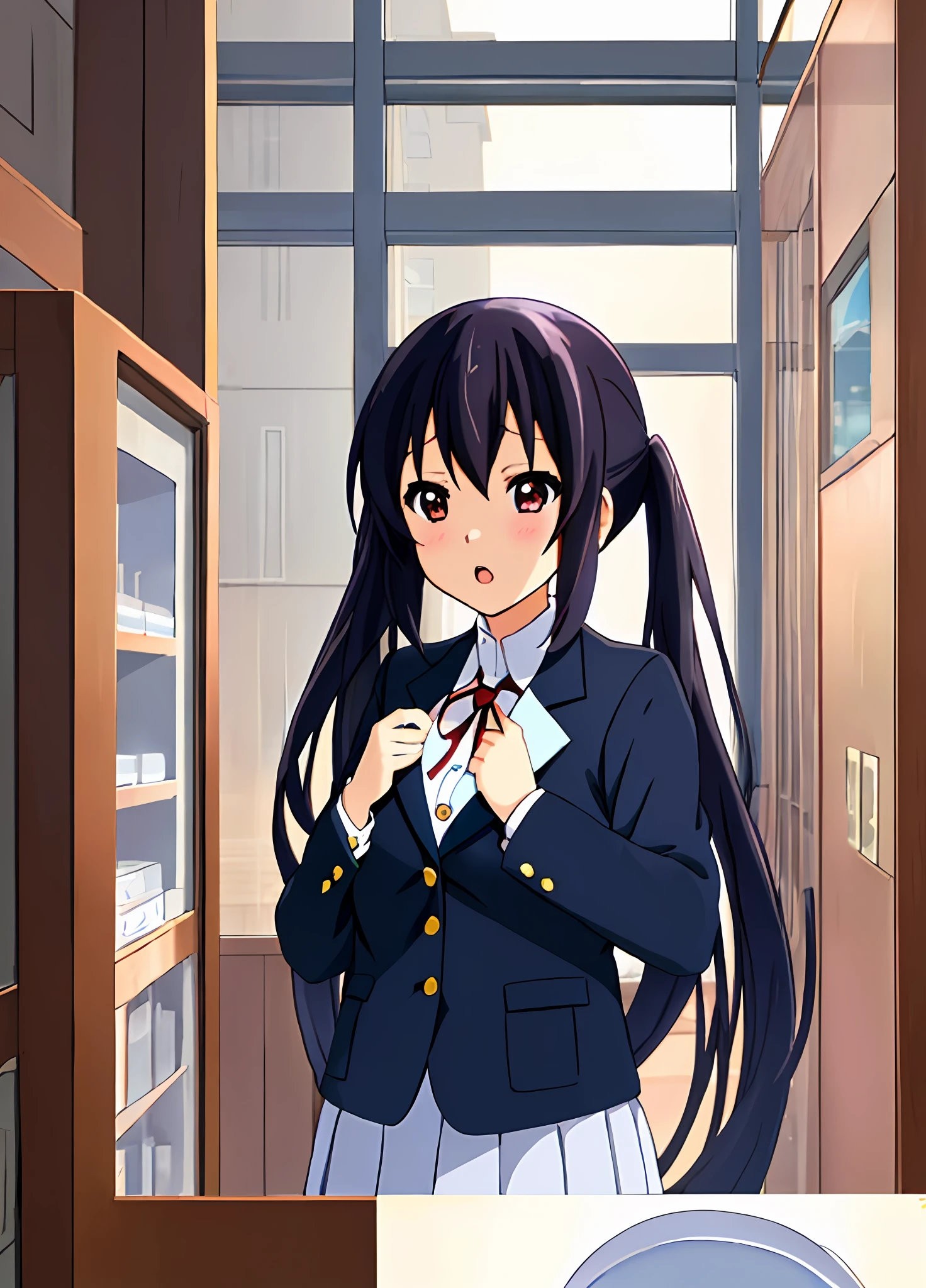 1girl, (((masterpiece))), top-quality, top-quality, High Details, nakano azusa, 1girl, Sakuragaoka High School Uniform, student clothes, Twin-tailed, length hair, A dark-haired, brown-eyed, 独奏, reddish, Dark blue blazer with thin red ribbon, Solid white buttoned shirt under blazer, illustratio, comic strip, soothing tones, Subdued Color, Soft cinematic light, adobe lightroom, photolab, HDR, intricately and hyper-detailed、(((depth of fields))))。(((masterpiece)))。(((top-quality))).)((ultra-detailliert)))。(((illustratio)))。(((takeout))).dynamic focus.big breasts.(((Skyscrapers))).(((A city scape))).(((Face of sadness))). open mouth.(((fighting stance))).(((up chest))).((evening glow)).((the setting sun)).