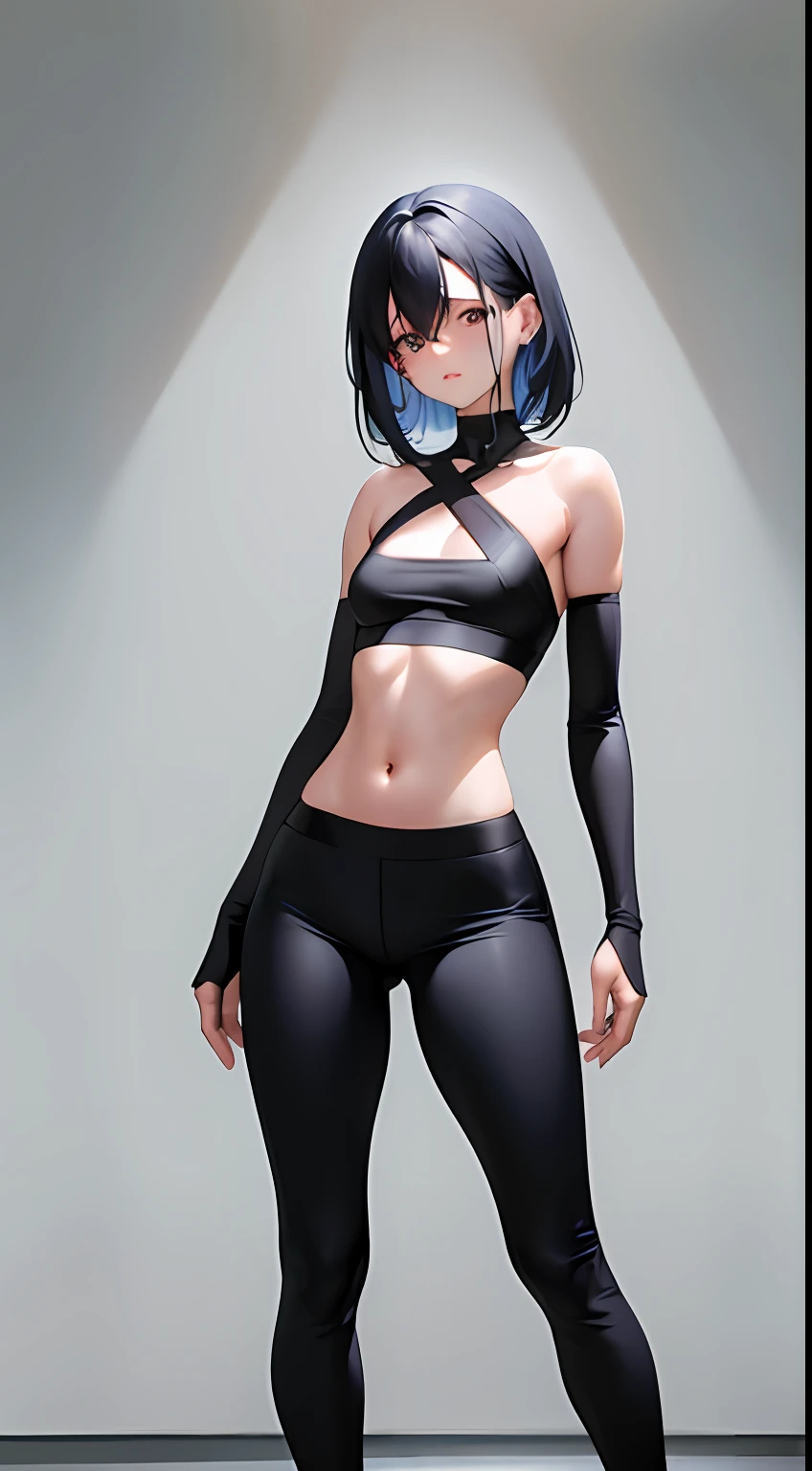 Garota de anime, linda, realista, melhor qualidade, full hd, rosto detalhado, corpo detalhado, cabelos lisos, cabelos brancos, cabelos longos, ombro pequeno, Small thorax, middlebreasts, cintura fina, quadril largo, pernas grossas, top preto, sem mangas, barriga de fora, black legging pants, middlebreasts, pernas grossas, seios para fora, (standing on her feet) tight black legging pants, coxas grossas, seios grandes, tight black legging pants, high waist legging pants