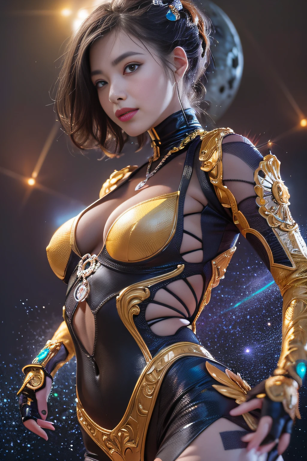 1girl in, surrealism, Verism, nffsw, Anatomically correct, Textured skin, masuter piece, high details, awardwinning, hight resolution, 8K,Unevenness of the skin, student,(FULL BODYSHOT), Clean face, A detailed face, Smiling,breastsout, nabel, thighs thighs thighs thighs, standing athletic pose,The costume of the future goddess that fits snugly to the body,Colorful Color,(cosmic space), (Depth Fields:1.8),Space Colony,stele,milkyway,a moon,suns,planet earth,nebulas,llight rays,Laser beam,afterimage,Frectal Color,Fractal Design,Back lighting,High quality shadows, high detailing, realisitic,Cinematic lights, side lights, Lens Flare, Ray traching, Sharp Focus,