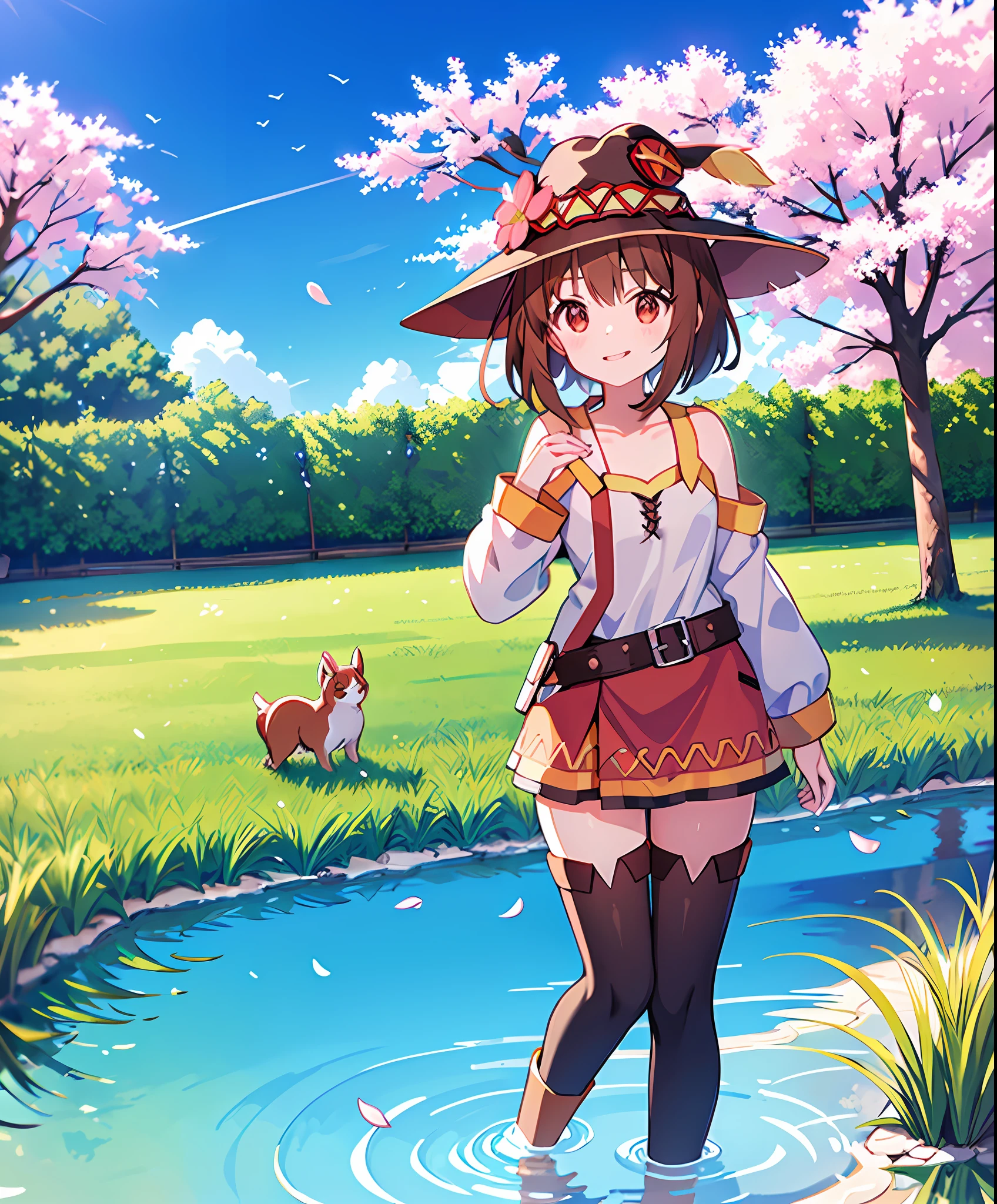 Megumin Konosuba, sozinho, saia, red eyes, cabelos curtos, sorrir, Xadrez, arms behind back, Olhando para o Viewer, dois lados para cima, umbigo, Uniforme escolar, saia marrom, camisa, franja, camisa branca, diafragma, mangas compridas, cabelos castanhos, colar de marinheiro, seios, boca fechada, fluttering grass,(primavera,Flores de Sakura),Petals,(Reflexo da lente),Altocumulus,(sombra) Of [a sakura tree],prado,(lago,surface reflection)