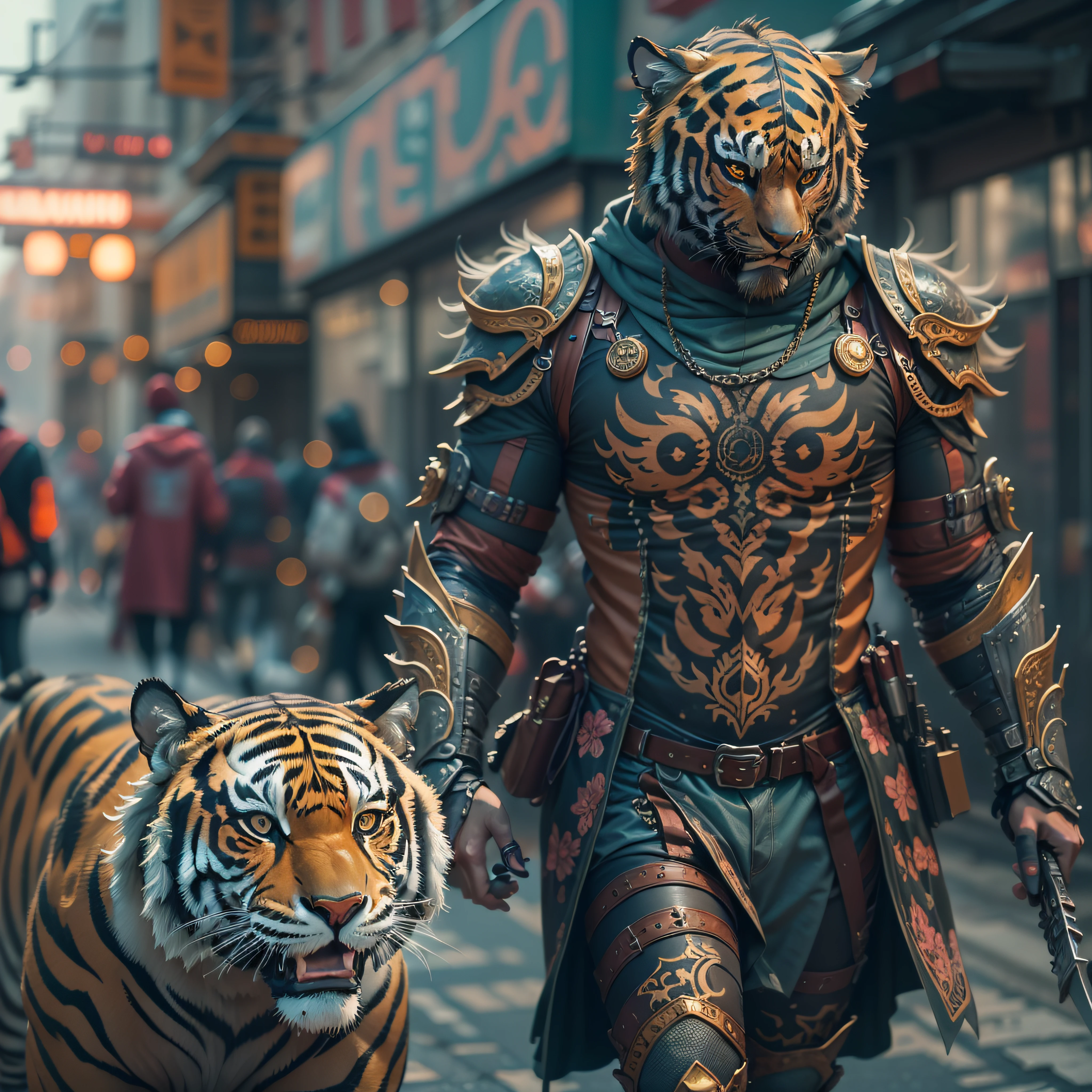 (Masterpiece) A man in antique armor and a tiger mask with a weapon walking down the street, costumed warrior, weapon in hand, cyberpunk style color scheme, ((intricate details, super detailed)) 8K.