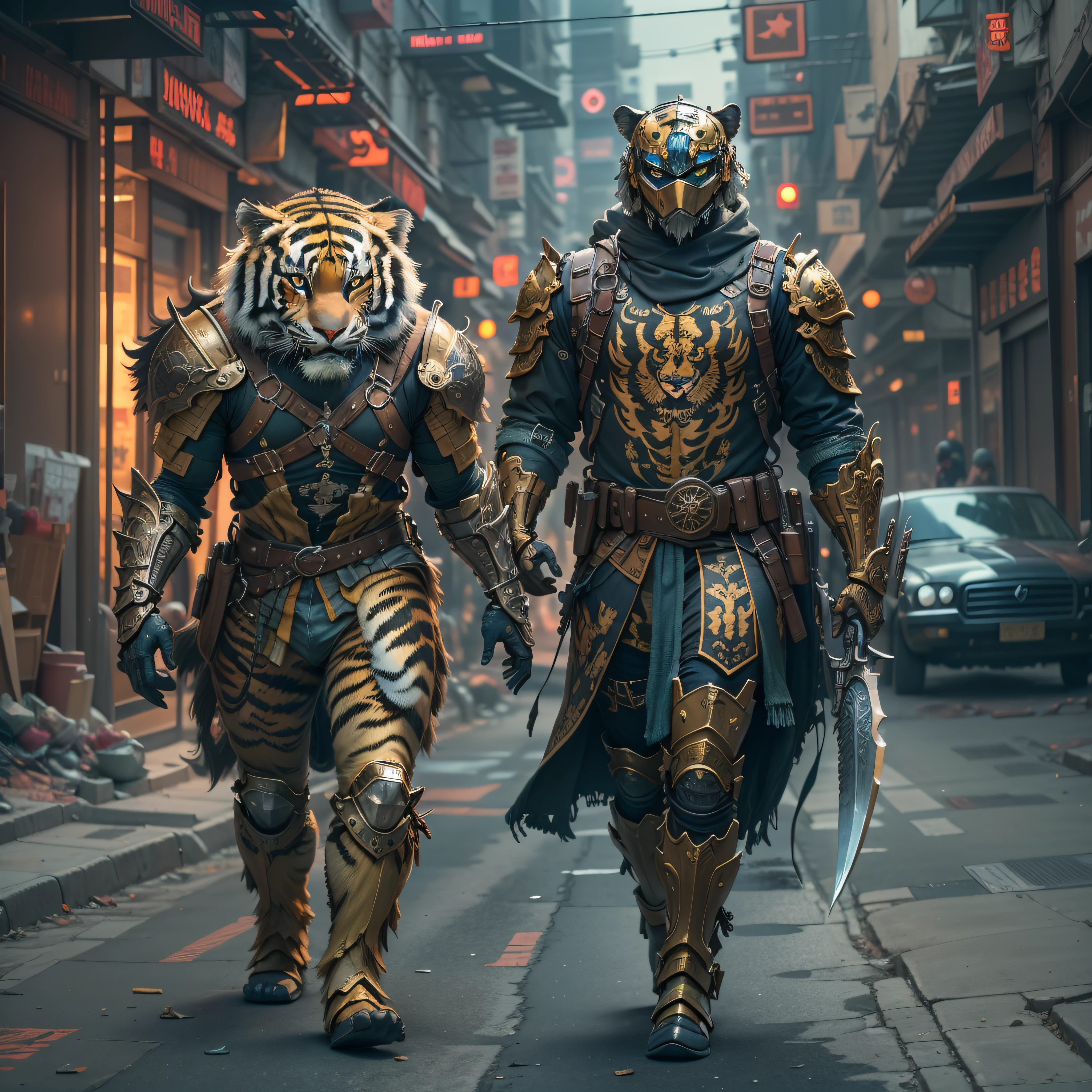 (Masterpiece) A man in antique armor and a tiger mask with a weapon walking down the street, costumed warrior, weapon in hand, cyberpunk style color scheme, ((intricate details, super detailed)) 8K.