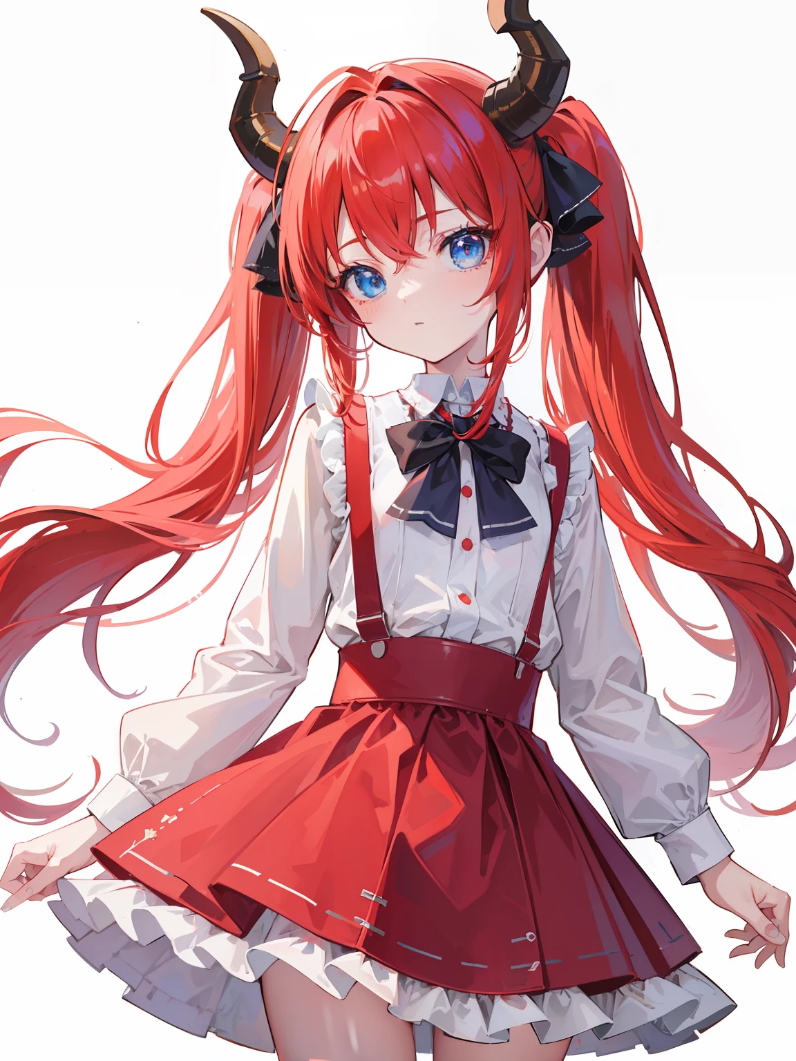 {{best quality}}, {{masterpiece}}, {{ultra-detailed}}, {illustration}, {detailed light}, red hair,blue eyes,twintails,lolita,Suspenders skirt,Fantastic,loli,solo,Dragon horns, girl,long hair