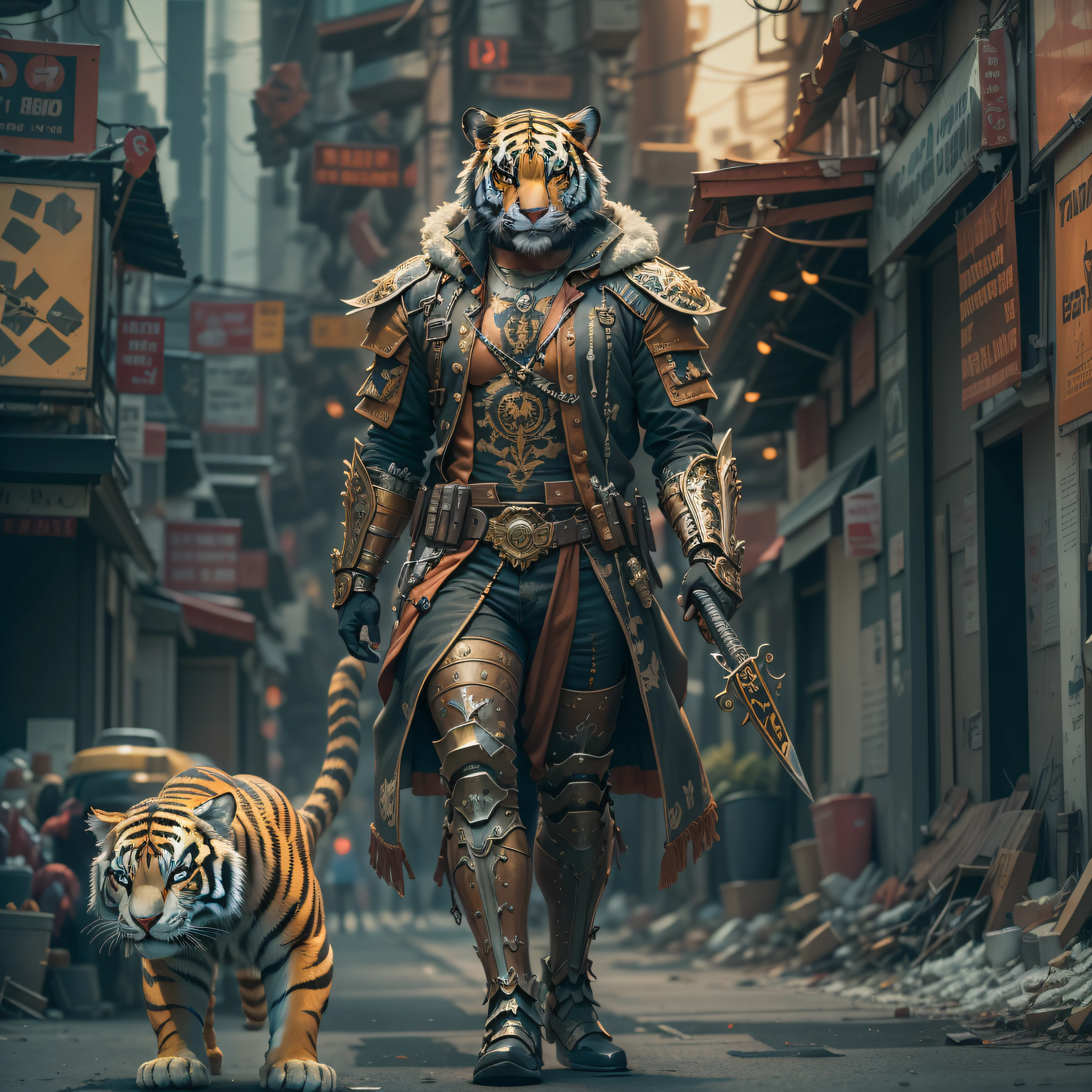 (Masterpiece) A man in antique armor and a tiger mask with a weapon walking down the street, costumed warrior, weapon in hand, cyberpunk style color scheme, ((intricate details, super detailed)) 8K.