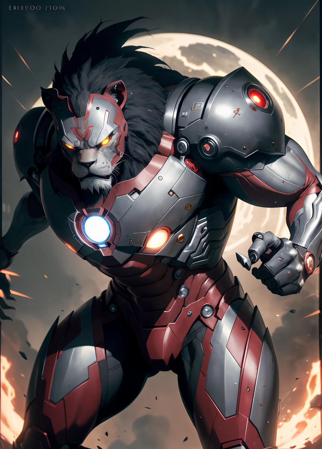 This version of Ironman presents a blend of futuristic elements and ferocity. His body, coated in gleaming black steel, is adorned with sharp ornaments resembling lion claws. The menacing head features a lion's face with glowing red eyes that continuously emit intense flashes. With teeth as sharp as iron, he exudes an aura of fear all around. His body showcases distinctive high-tech machinery that pulsates and hums, enhancing the impression that this is not just an ordinary costume, but a menacing amalgamation of man and machine.