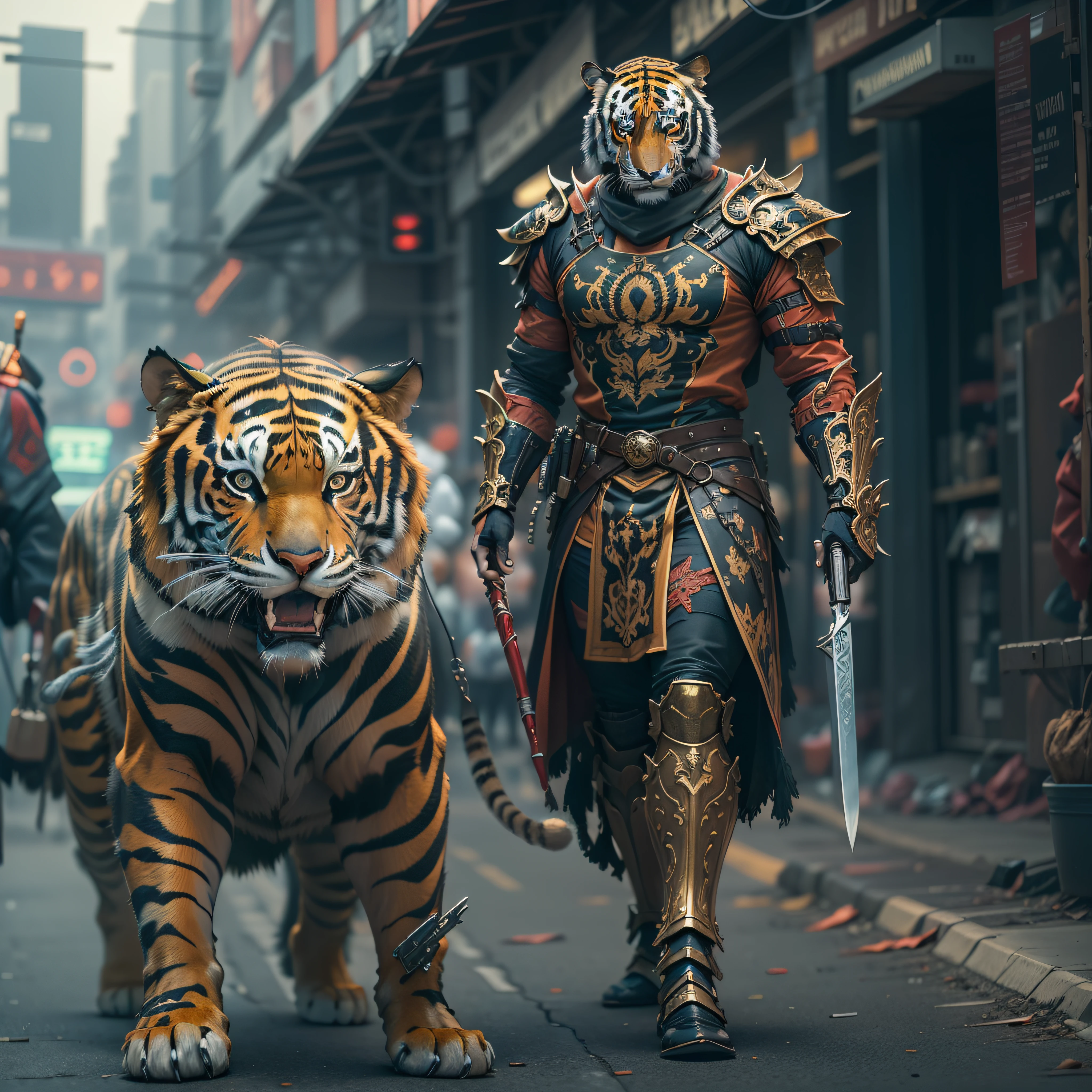 (Masterpiece) A man in antique armor and a tiger mask with a weapon walking down the street, costumed warrior, weapon in hand, cyberpunk style color scheme, ((intricate details, super detailed)) 8K.