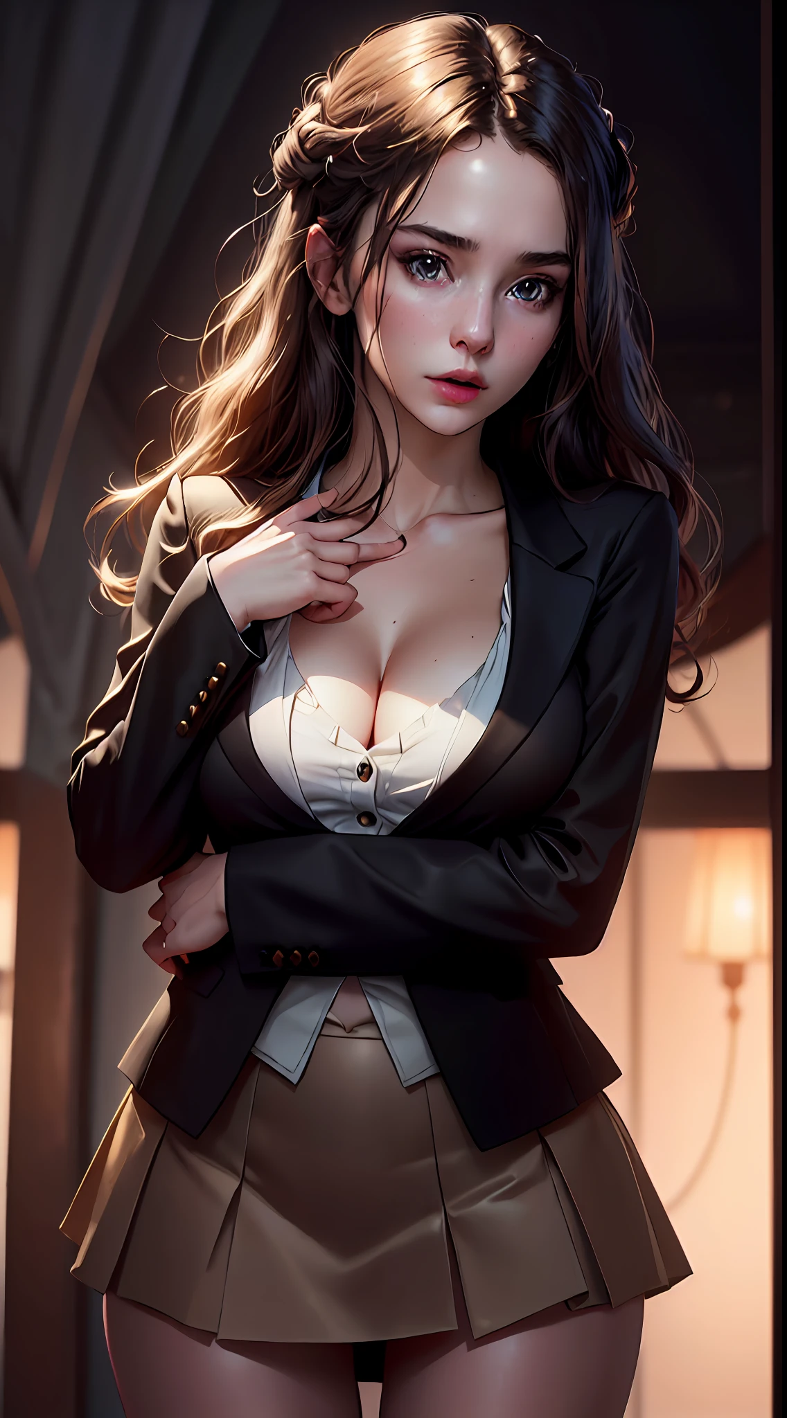 best quality, masterpiece, 1girl, Beautiful face, (photo realistic:1.3), rim lighting, (high detailed skin:1.2), 8k uhd, dslr, high quality, high resolution, 4k, 8k, Bokeh, absurdres, best ratio four finger and one thumb, (realistic:1.3), cute 1girl, wearing black formal blazer, medium breasts, short skirt,