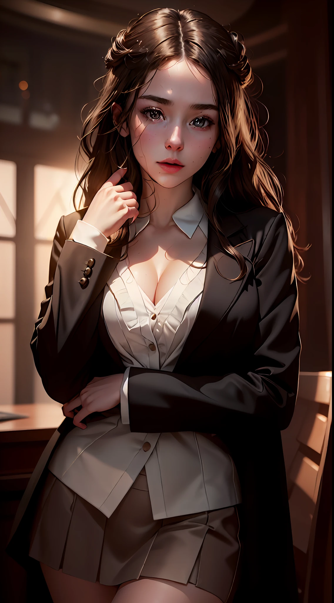 best quality, masterpiece, 1girl, Beautiful face, (photo realistic:1.3), rim lighting, (high detailed skin:1.2), 8k uhd, dslr, high quality, high resolution, 4k, 8k, Bokeh, absurdres, best ratio four finger and one thumb, (realistic:1.3), cute 1girl, wearing black formal blazer, medium breasts, short skirt,