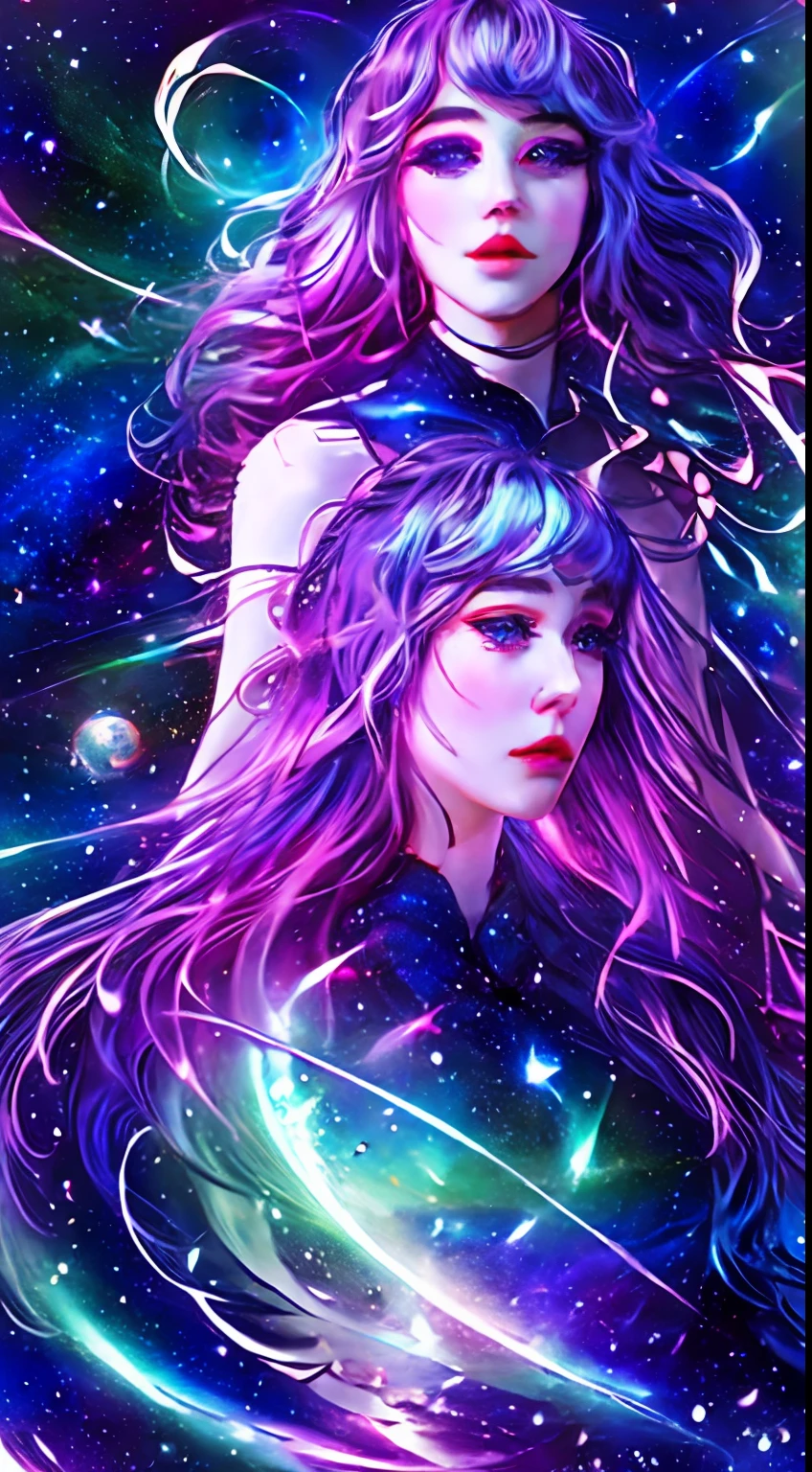 Uma mulher sacerdotisa da alta magia, she is young, de longo, purple flowing hair, - Olhos de cor violeta, is dressed in a colorful cyberpunk dress, possui muitas joias e um colar violeta com uma pedra brilhante. In your hands is a magical book. Cosmic space background in motion with many stars and planets.
