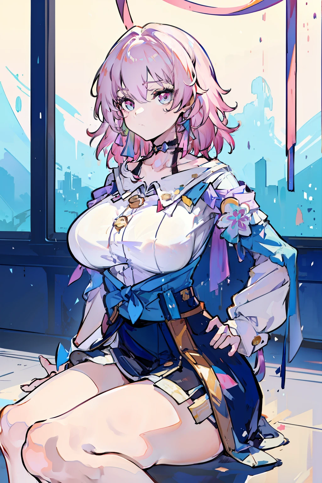 (masterpiece),best quality, expressive eyes, perfect face, 1girl,
big breast, H-cup, good breast, beautiful, gorgeous,anime,girl,lora, hands on waist, hands on hips,march7th,
multicolored_eyes,
pink hair,
ribbon earrings,w sitting, w sitting on ground, legs on ground