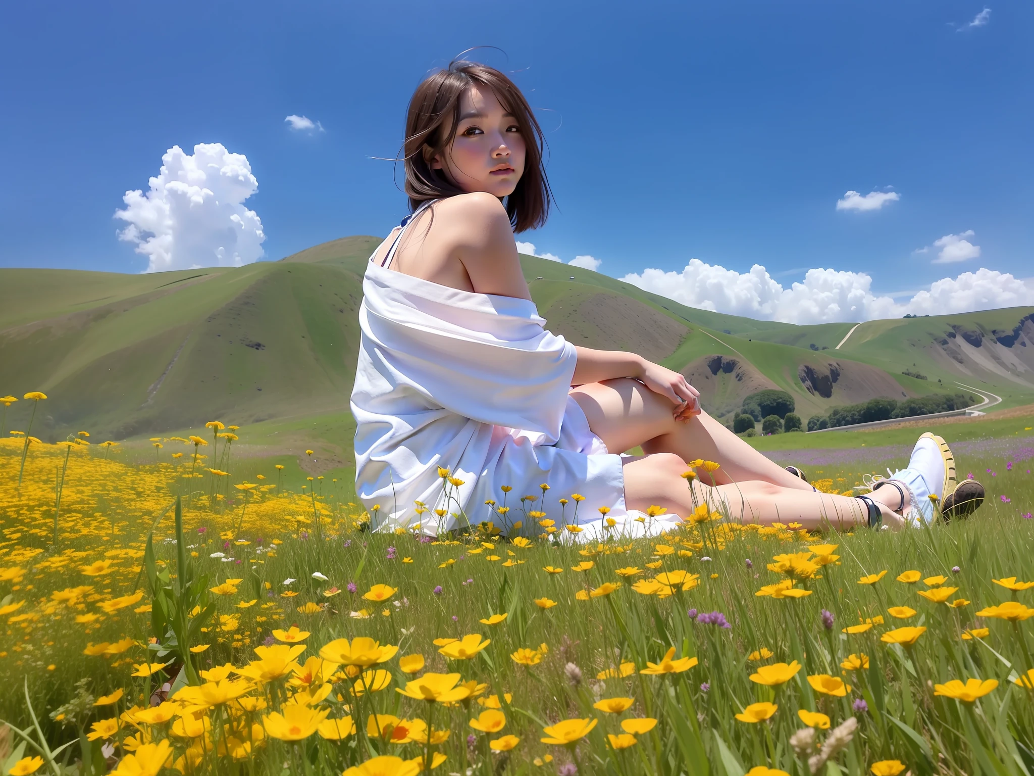 Arapei sits in a yellow flower field in the blue sky, sitting in a field of flowers, girl sitting in a flower field, in a field of flowers, in a field with flowers, sitting in a field, standing in flower field, standing in flower field, on a grassy field, in a field, sitting cutely on a mountain