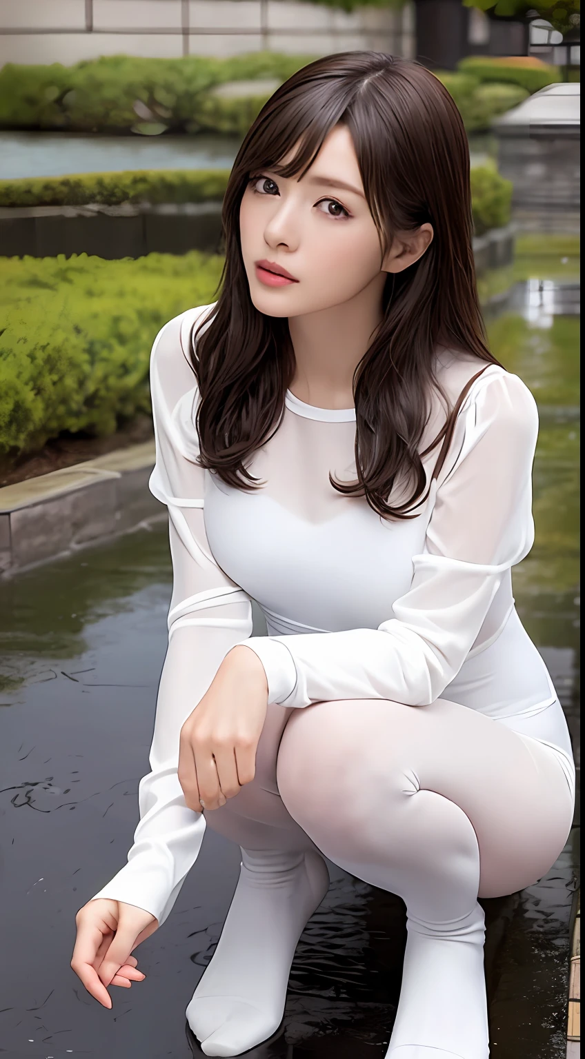 (best qualtiy,4K,tmasterpiece:1.3),Pretty women,1girll,Raised sexy:1.1,dark brown hair:1.1,huge tit,(Wet with rain,Wet with rain,Get wet:1.2),White transparent tights,crouched,Super detailed face,Detailed lips,A detailed eye,二重まぶた