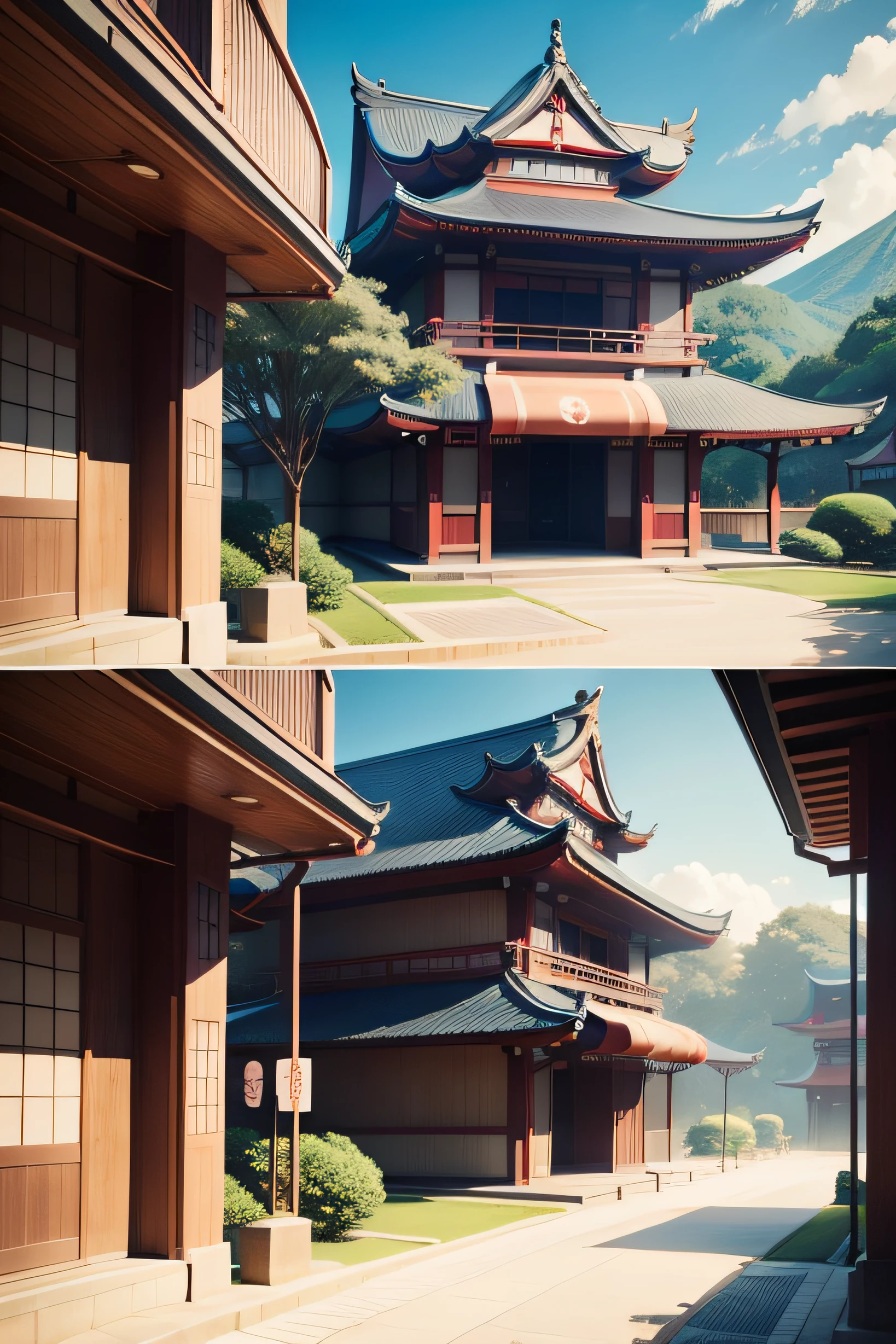 A Pokémon center based on Japanese architecture, anime style.