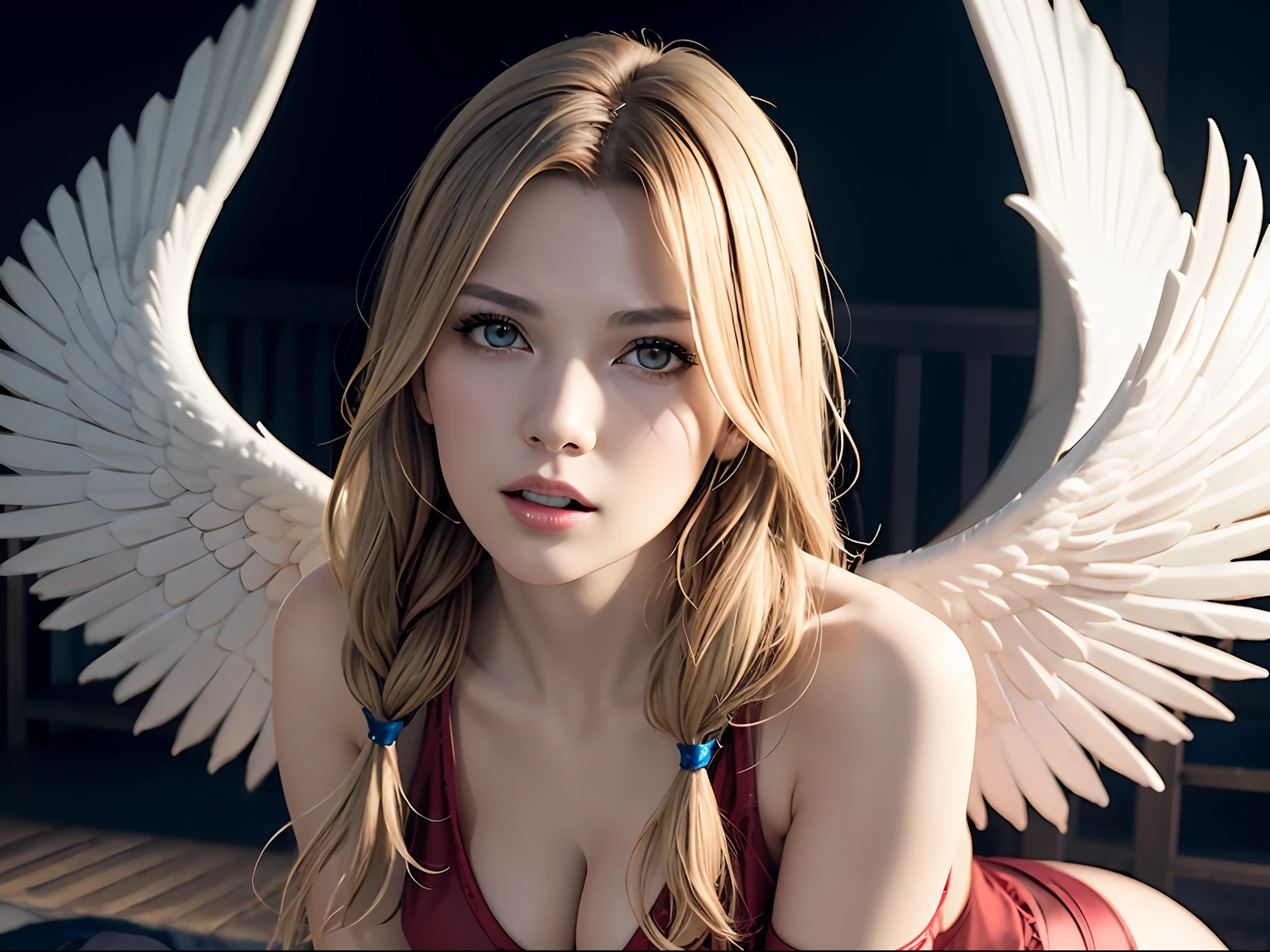 Ultra detailed complex 3D rendering of face, (big breasts: 8.8), (masterpiece, top quality, octane rendering, 8K), glamour shot full body image, cleavage, (highly detailed skin: 1.2), (exposure: 1.1), (blonde), (wearing a plummet tank top of red silk: 1.5)), blonde hair, beautiful white woman with full soft breasts and white skin, one with big ass, long braided hair(portrait))), big breasts, dynamic angles, mystical expressions, ultra-realistic photos, (portrait))), bare feet, futuristic city background, facial muscles, detailed and beautiful queen tiara, in the style of Marvel Comics, clear focus, studio photography, intricate details, highly detailed, detailed yellow eyes, sharp focus, digital rendering, professional, abs, ( ((Sexy Pose))), Natural Jungle, Open Your Mouth Lightly, Mansuji, Open Your Crotch, Seductive Look, Angel Ring, Detailed Angel Wings, Circle of Angels, Beautiful Mouth, Perfect Body Beauty: 1.4,