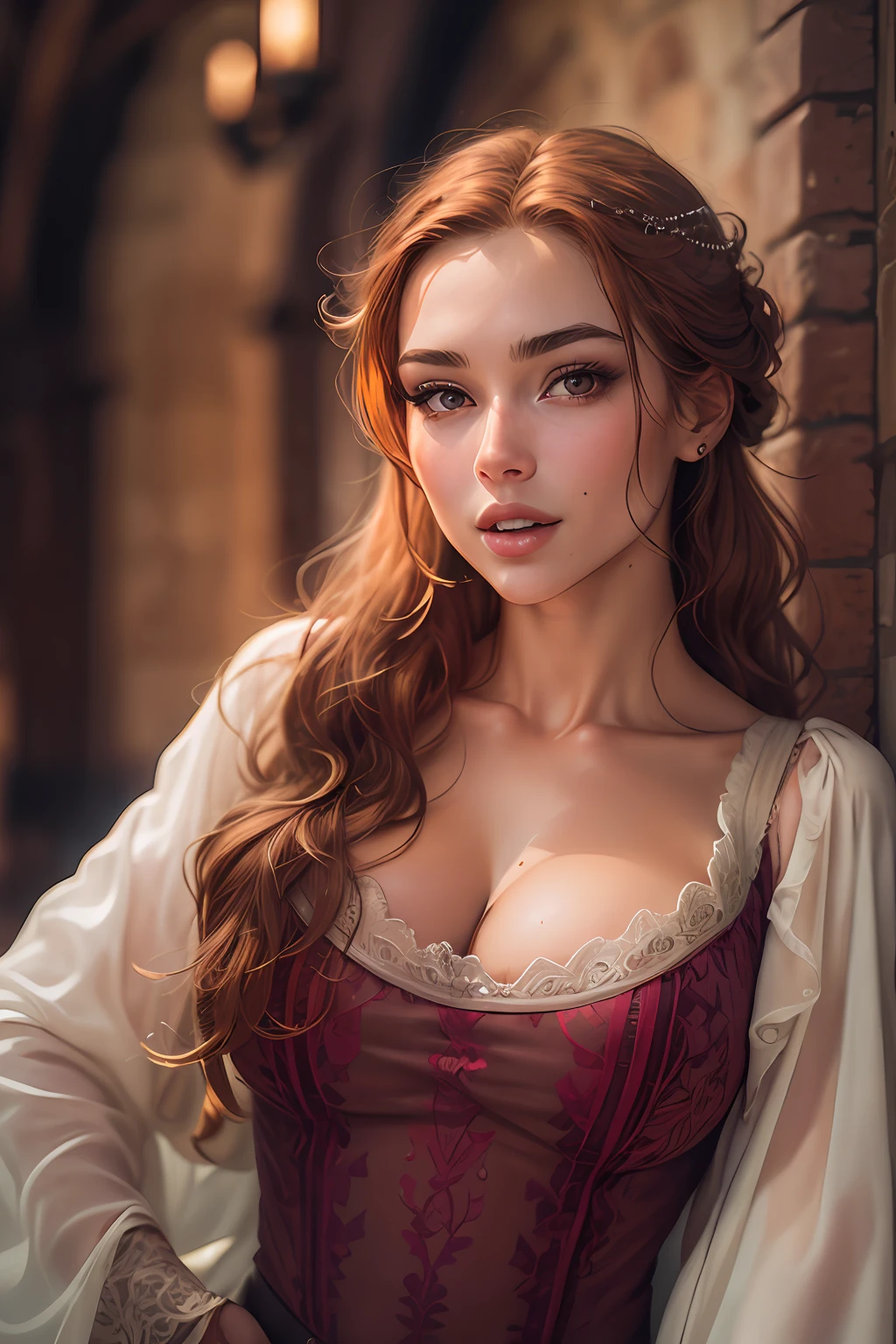 (best quality), (masterpiece), RAW photo portrait of a hot ginger haired princess with delicate features standing tall in a medieval castle hall, confident seductive smile, sharp jawline, alluring, seductive eyes, eye contact, full lips, ((big sexy breasts)), deep cleavage, thick dark eyebrows, photoreal, real, realistic, realism, realistic skin, pores, film grain, ultra detailed, intricate, sharp focus, 8k, high resolution, (highly detailed face), slim, slender, gorgeous photo, beautiful image, sensual,((pornstar face))