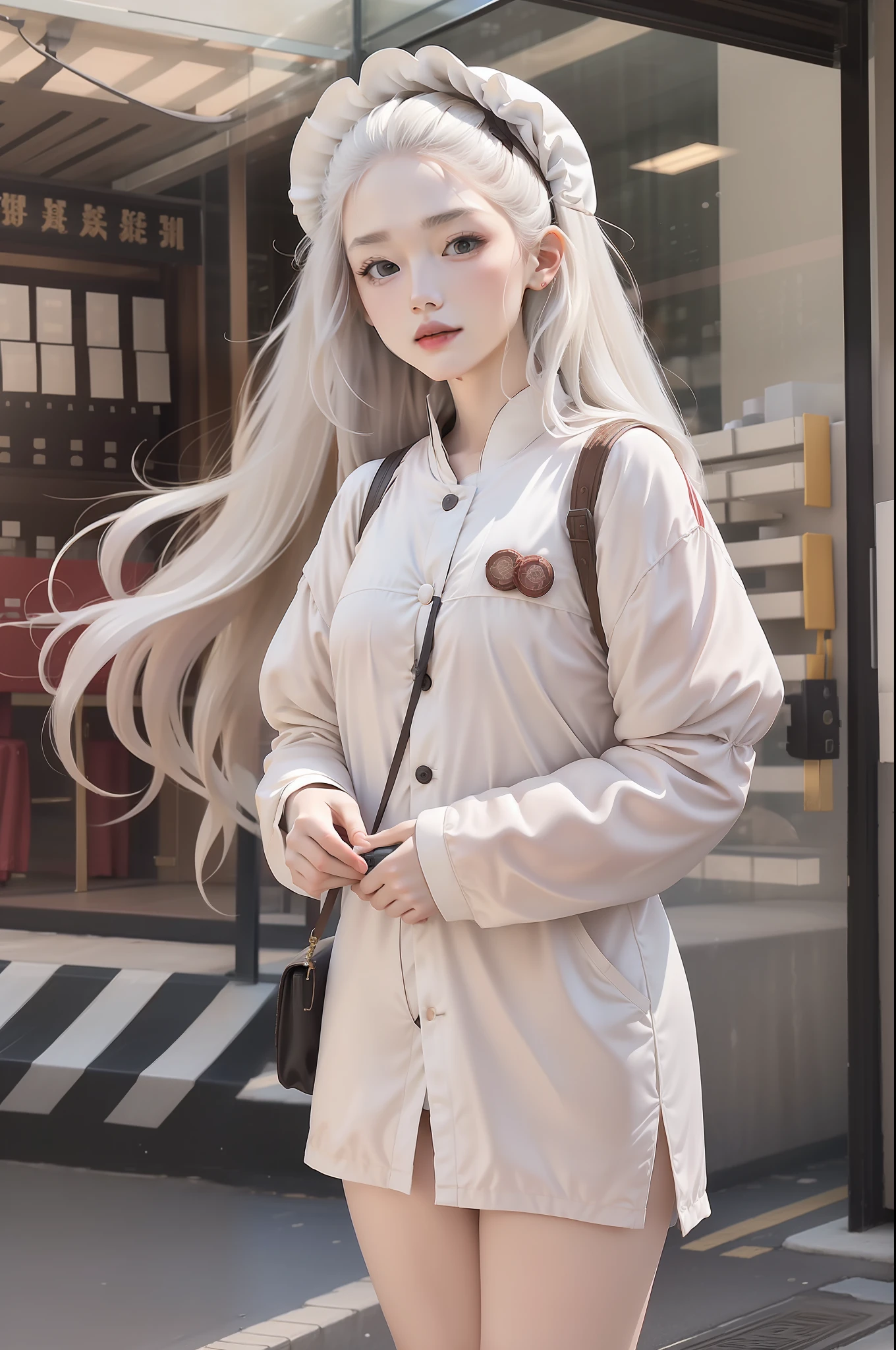 tmasterpiece， highest  quality， （Personal focus）， （s the perfect face： 1.1）， （high detal： 1.1）， dramatics， 1guy， （paleskin）， Long white hair， White eyes， [light eyebrows]， 独奏， long whitr hair， themoon， the night， white luxury suit， Navel covering， cparted lips， （Cosmetic traces）， palaces， detailedbackground， Art reproduction and the art of Greg Rutkowski， 电影灯光， rosette， Suggestive， Asians， marron marron，No cross-eyeds，Send courier，Mobile phone message sound