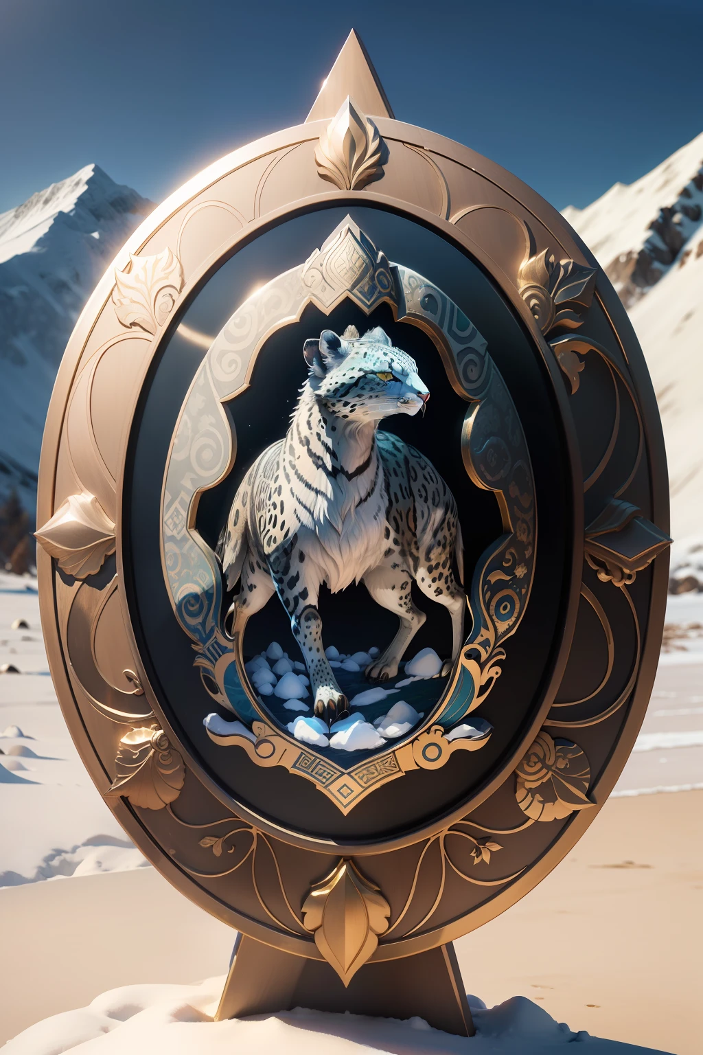 Design a commemorative medal，Use processes such as metal enamel，To have a 3D relief effect，Fusion vultures on this medal，snow leopard，argali，lakes，snow mountains，Elements of the island，Draw on the style of Tibetan art。