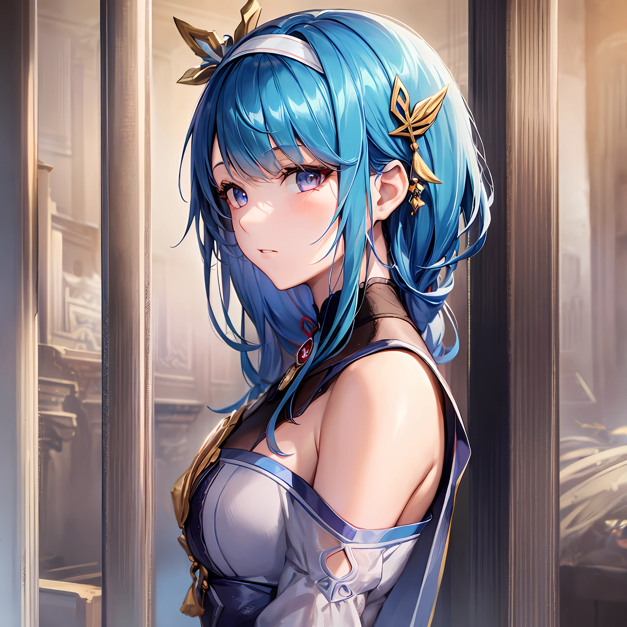 Mast, best quality, 1 girl, eula \ (Genshin Impact), blue hair, blond eyes, short hair, headband, hair accessories, looking at the audience, from the side