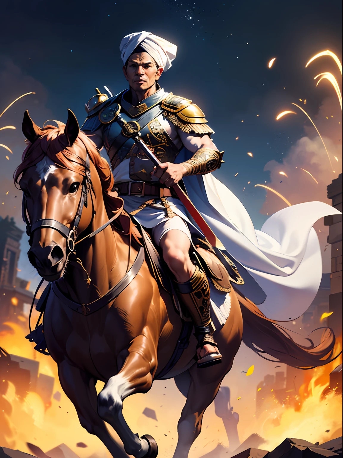 A Javanese man, skinny body, wearing long white robes, a white turban, riding a horse, hand raised very high hold a keris, background explosion, night, full body view, heroik pose, (Gorget Plackart pauldron :1.3), (masterpiece:1.2) (illustration:1.1) (best quality:1.2) (detailed) (intricate) (8k) (HDR) (wallpaper) (cinematic lighting) (sharp focus)