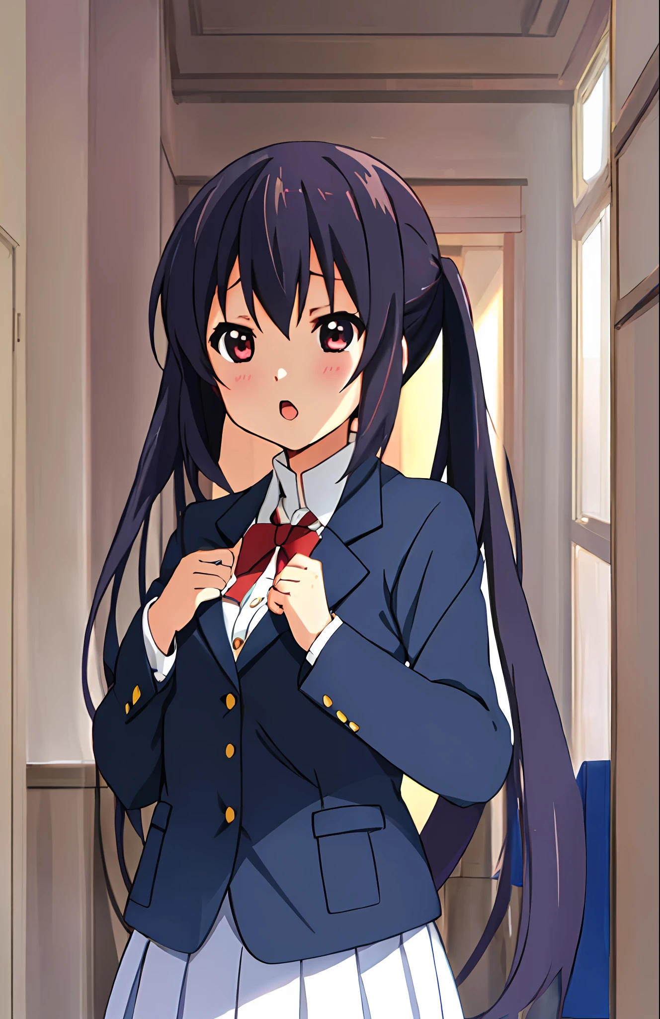1girl, (((masterpiece))), top-quality, top-quality, High Details, nakano azusa, 1girl, Sakuragaoka High School Uniform, student clothes, Twin-tailed, length hair, A dark-haired, brown-eyed, 独奏, reddish, Dark blue blazer with thin red ribbon, Solid white buttoned shirt under blazer, illustratio, comic strip, soothing tones, Subdued Color, Soft cinematic light, adobe lightroom, photolab, HDR, intricately and hyper-detailed、(((depth of fields))))。(((masterpiece)))。(((top-quality))).)((ultra-detailliert)))。(((illustratio)))。(((takeout))).dynamic focus.big breasts.(((Skyscrapers))).(((A city scape))).(((Face of sadness))). open mouth.(((fighting stance))).(((up chest))).((evening glow)).((the setting sun)).