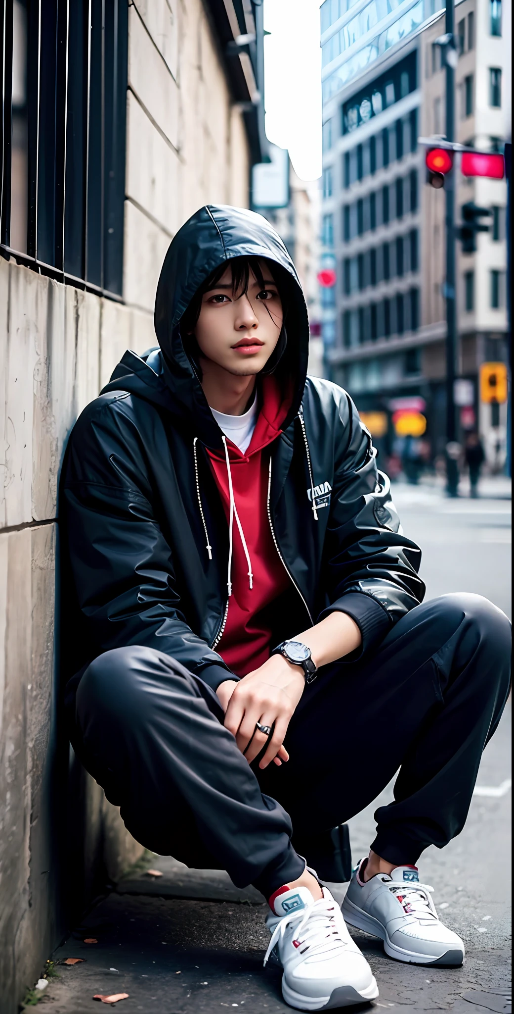 a masterpiece,Bestquality,offical art,8kwallpaper,Extremely Detailed,Illustration,1man,Trendy outfits,watch,sneaker shoes,sit,Hands droop naturally,Hooded jacket,Street,long pants black,