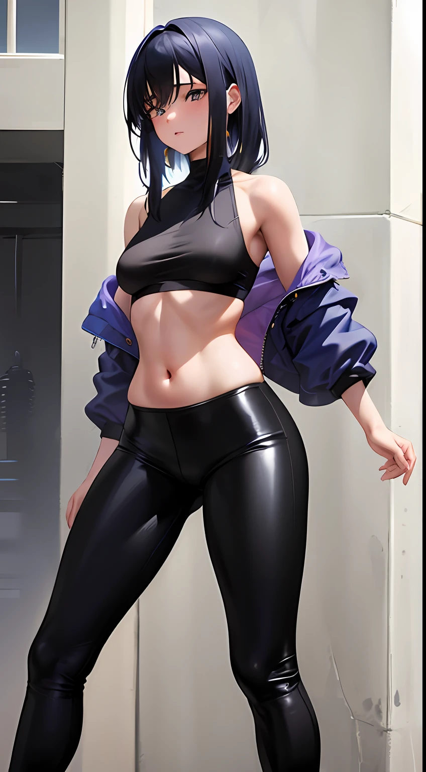 garota de anime, Linda, realista, melhor qualidade, Full HD, rosto detalhado, corpo detalhado, cabelos lisos, cabelos brancos, Cabelos Longos, ombro pequeno, Small thorax, middlebreasts, cintura fina, quadril largo, pernas grossas, top preto, sem mangas, barriga de fora, black legging pants, middlebreasts, pernas grossas, seios para fora, (standing on her feet) tight black legging pants, coxas grossas, seios grandes, tight black legging pants, high waist legging pants, cabelos lisos, cabelos grandes
