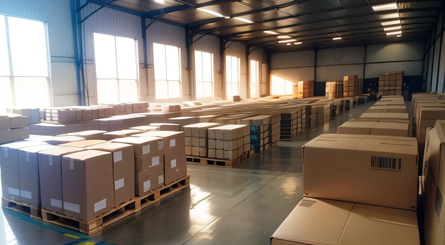 Boxes of sorted items are stacked on pallets in the warehouse,You can see all kinds of goods inside,lots of sunlight,down view,