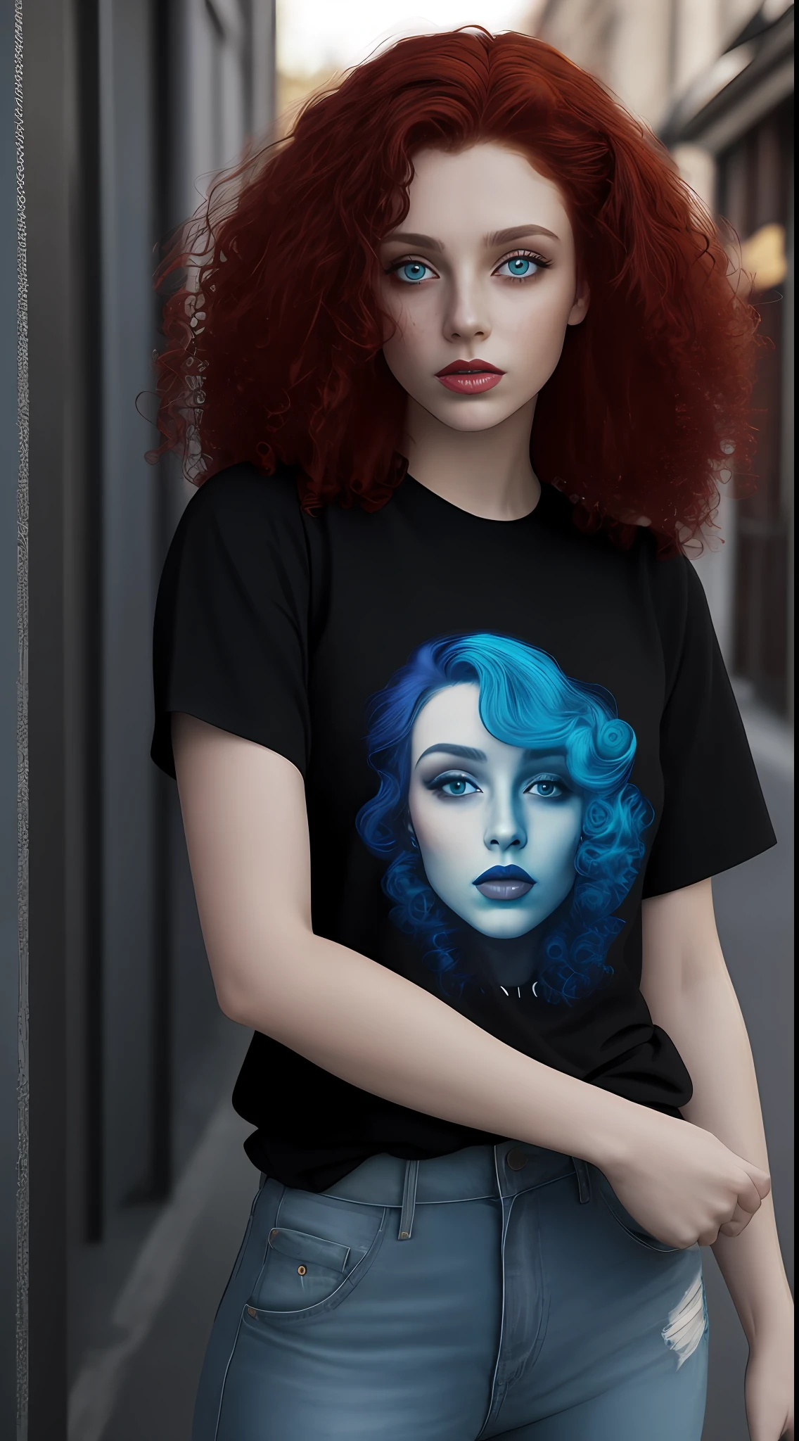Aesthetic art, a woman, red hair, blue eyes, curly hair, (own photo on the t-shirt), freckles on both cheeks, full lips, sympathetic look, fair skin, black t-shirt, Yellow, white, black jeans, small construction,