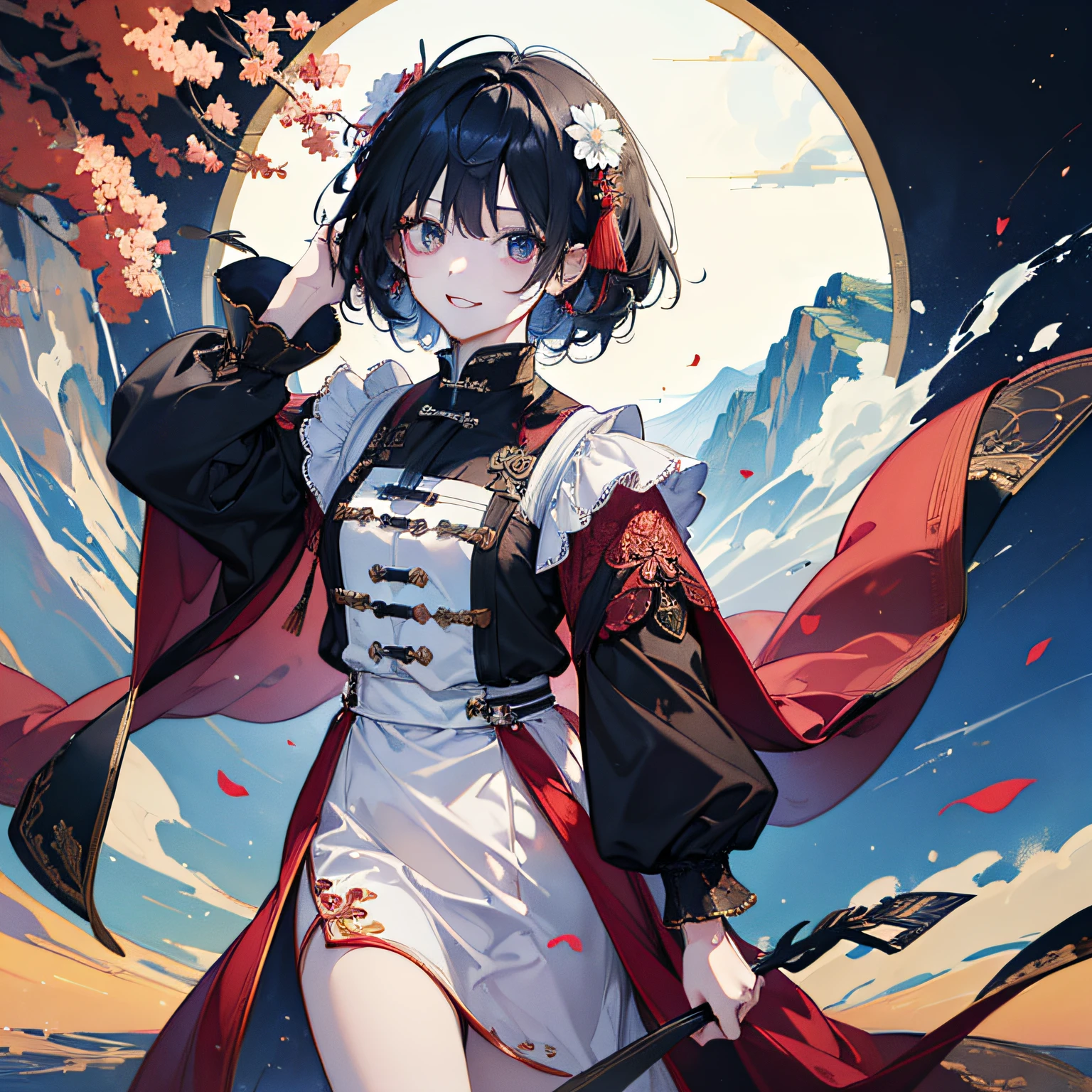 (in 8K、top-quality、​masterpiece:1.2)、1人の女性、(Smiling smile:1.1)、beautidful eyes、Valley、The upper part of the body、length hair、Like a boy、poneyTail、Red scenery、