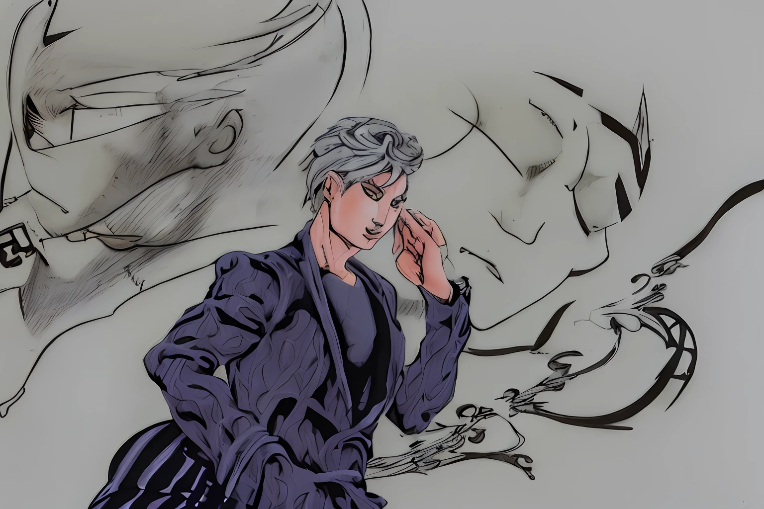 Anime drawing of a man, principalement en niveaux de gris, Vignette lourde!, nuit!, Deux dans le vide, Plan moyen de deux personnages, Inspired by Hirohiko Araki, Jjba, high quality fanart