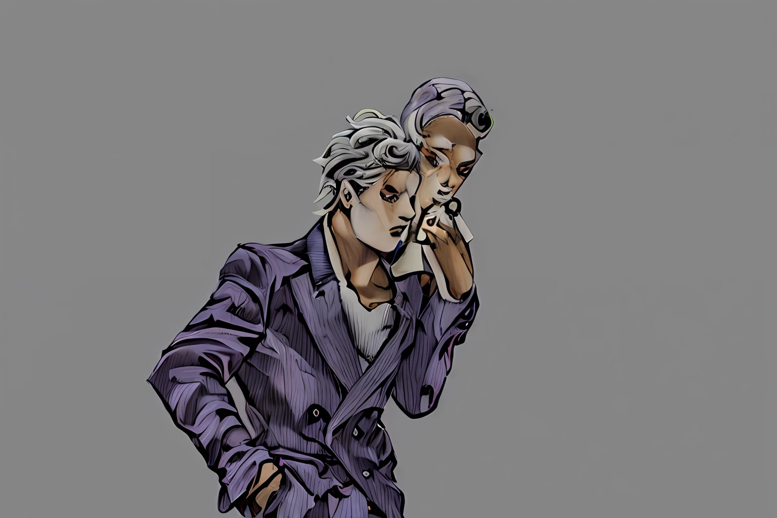 Anime drawing of a man, principalement en niveaux de gris, Vignette lourde!, nuit!, Deux dans le vide, Plan moyen de deux personnages, Inspired by Hirohiko Araki, Jjba, high quality fanart
