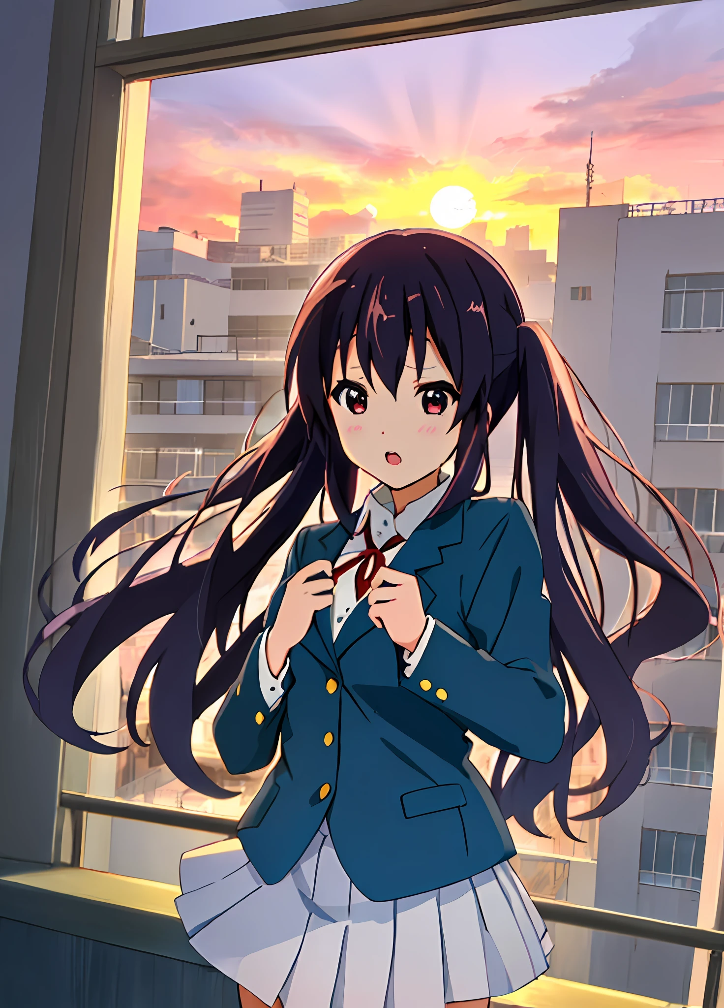1girl, (((masterpiece))), top-quality, top-quality, High Details, nakano azusa, 1girl, Sakuragaoka High School Uniform, student clothes, Twin-tailed, length hair, A dark-haired, brown-eyed, 独奏, reddish, Dark blue blazer with thin red ribbon, Solid white buttoned shirt under blazer, illustratio, comic strip, soothing tones, Subdued Color, Soft cinematic light, adobe lightroom, photolab, HDR, intricately and hyper-detailed、(((depth of fields))))。(((masterpiece)))。(((top-quality))).)((ultra-detailliert)))。(((illustratio)))。(((takeout))).dynamic focus.big breasts.(((Skyscrapers))).(((A city scape))).(((Face of sadness))). open mouth.(((fighting stance))).(((up chest))).((evening glow)).((the setting sun)).