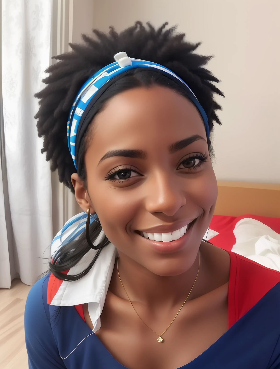 smiling woman with a blue headband and a blue shirt, 30-year-old woman from cuba, aida muluneh, selfie of a young woman, ashteroth, 30 years old woman, 3 0 years old woman, young black woman, photo of a black woman, mixed-race woman, headshot profile picture, high quality portrait, beautiful and smiling