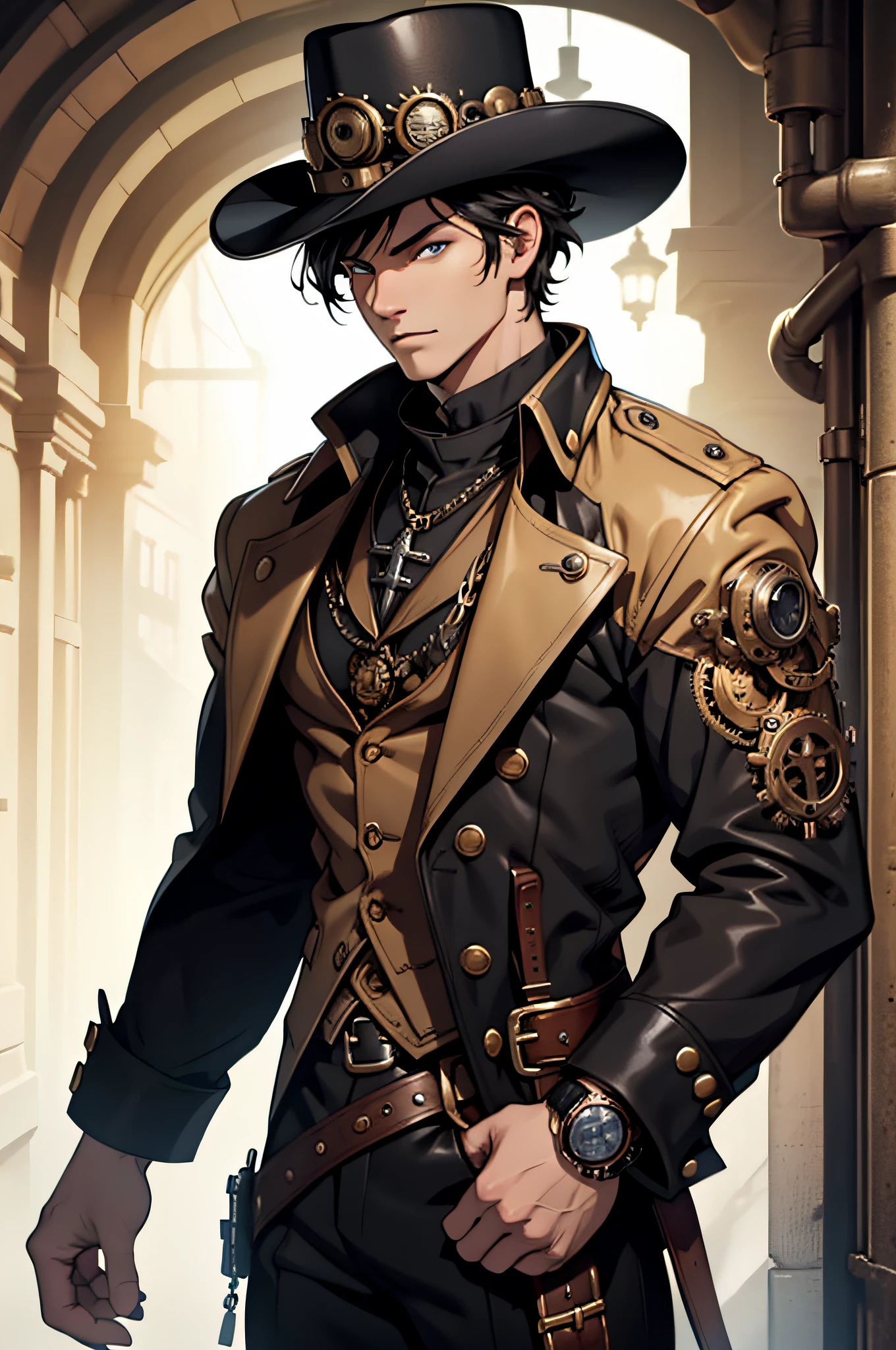 White-skinned man, short black hair, short shave, steampunk style priest outfit, cowboy hat