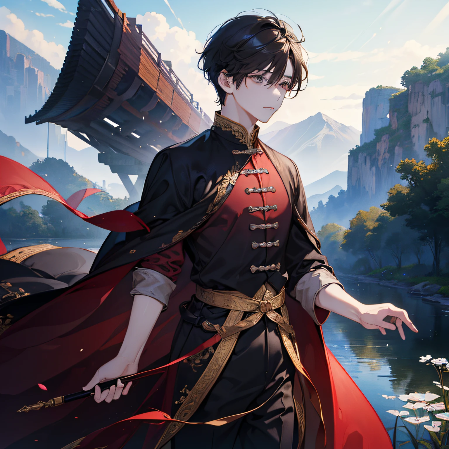 (in 8K、top-quality、masterpiece:1.2)、1 boy、short-haired、Hair short、Brown-skinned、Red scenery、