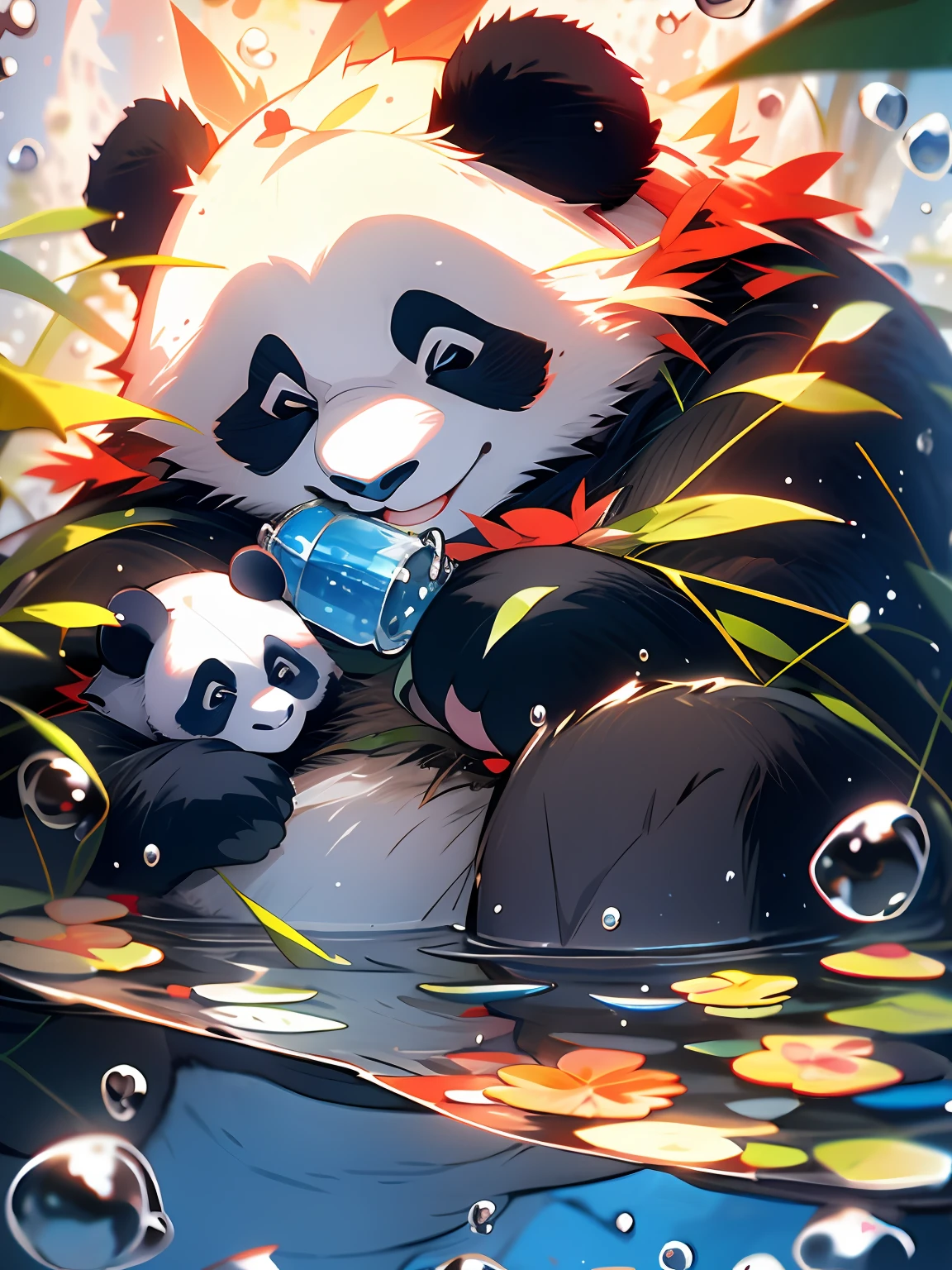 cute panda，closeup of face，portraitures，hairy pubic，leafs，No Man，under the water，water bubbles，Buble，higher details，Rich in color，adorable smile，最好质量，8K，high saturated，The panda sits，Holding a bottle of mineral water in his hand