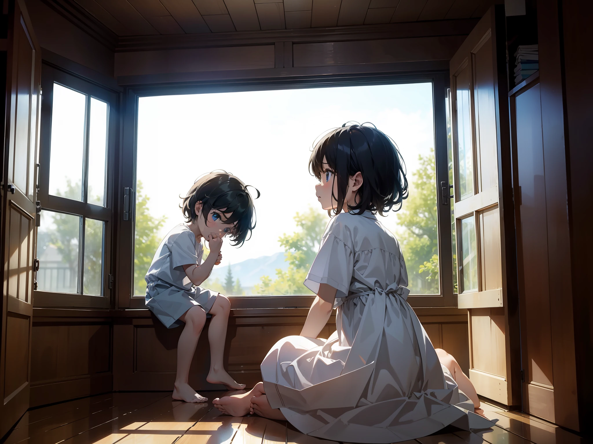 Masterpiece, Best quality,inside a room,In front of the window,1 child,2 little boys,weeping,
