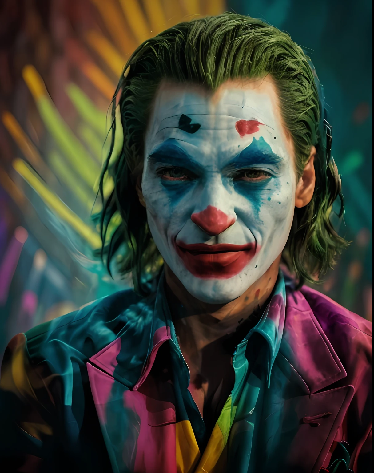 uma pintura do Coringa( Dc comics) com cabelos coloridos, fantasy game spell icon, liquid splashes, arte de jogo de computador, colorido hiperdetalhado, cores de fantasia, imagem de avatar, cores fortes de azul e laranja, belas fotos de avatar, corpo pintado com fluido preto, arte digital h 9 6 0, rico colorido