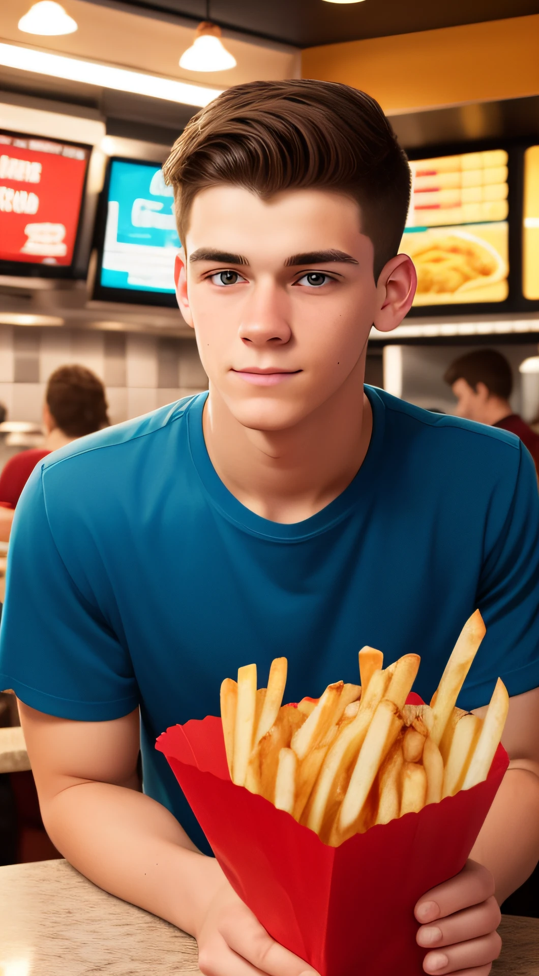 20-year-old man looking into the camera holding French fries, cena de restaurantes fast-food