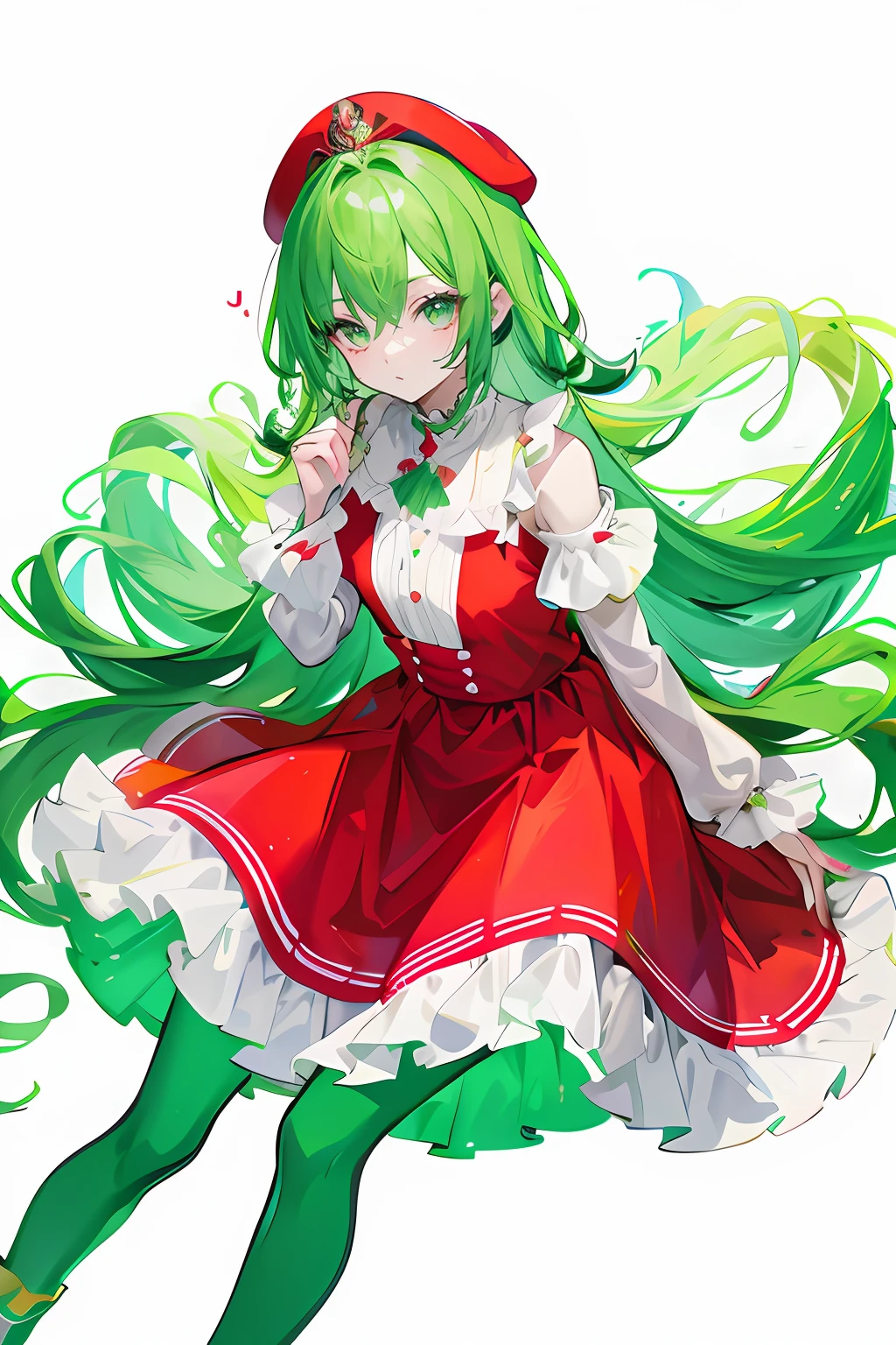 There are no men or women , Long bright green hair ,in a red dress,green pupills,One meter three height
