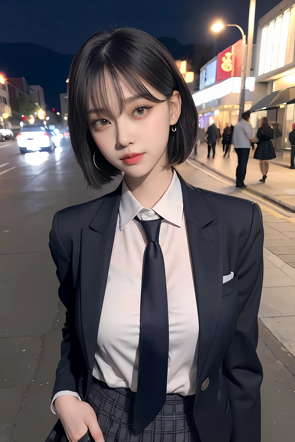 8K RAW photos, high resolution, 21 year old cool Korean, big round breasts, school uniform, tie, tie ribbon, blazer, skirt, beautiful eyes in detail, long eyelashes, beautiful double eyelids, eye shadow, slit eyes, sanpaku eyes, dark eye makeup, evil smile, beautiful thin legs, short hair tied at the back, earrings, night downtown, night boulevard, walking the dog