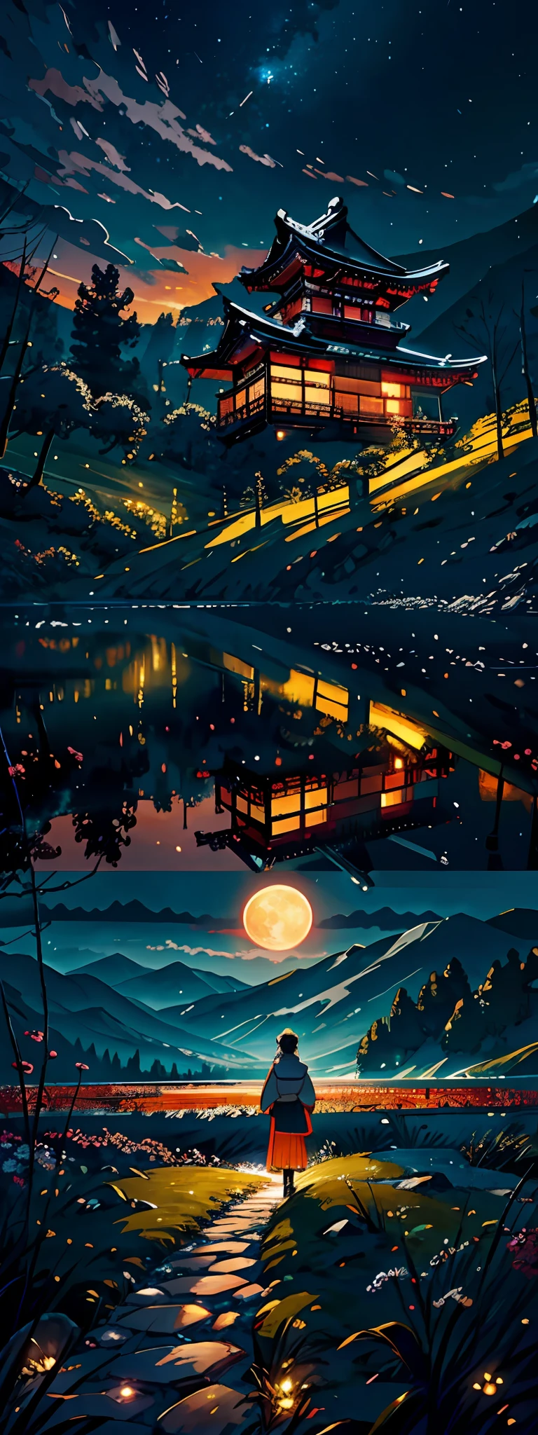 Vast landscape photos、The location is Gokayama in Toyama Prefecture、The season is winter、deep in the night、（View from below with views of the sky and below）、Woman wearing kimono、Woman standing in a field and looking up、（fullmoon：1.2）、（shooting stars：0.9）、（nebulas：1.3）、mountain in the distance々、Gassho-zukuri house in the back of the background、Far Lighting Break Production Art、(Warm color light source:1.2)、(fireflys:1.2)、abajour、orange and white、intricate detailes、Volume Lighting BREAK (​masterpiece:1.2)、(top-quality)、4K、ultra-detailliert、（The composition of the movement：1.4）、Highly detailed and colorful details（Irridescent color：1.2）、（Glowing lighting、Atmospheric illumination）、dream-like、Magical、（独奏：1.2）