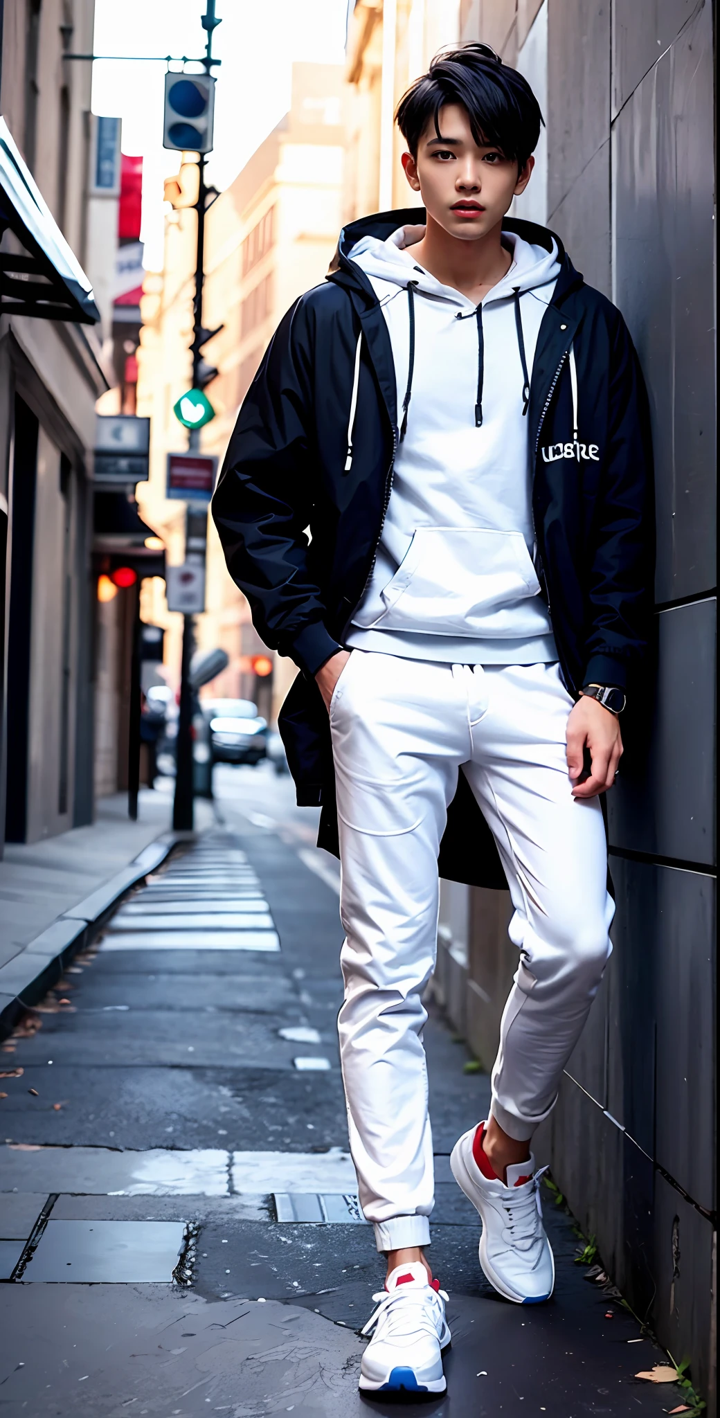 a masterpiece，Bestquality，offical art，8kwallpaper，Extremely Detailed，Illustration，1man，Trendy outfits，watch，sneaker shoes，sit，Hands droop naturally，Hooded jacket white，Street,long pants black,