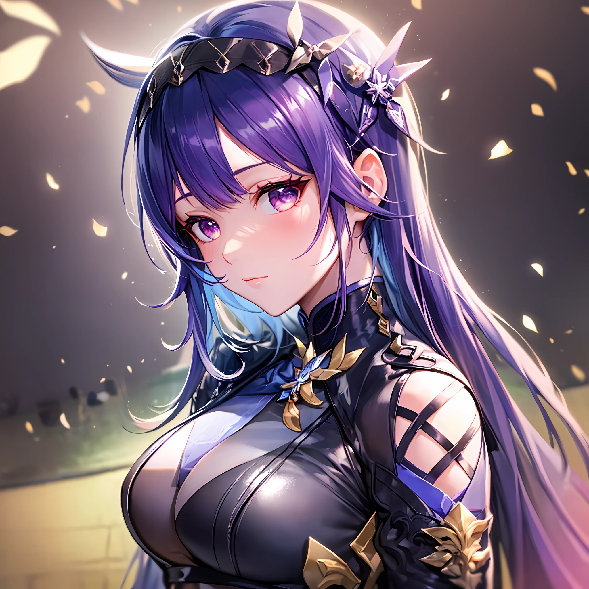 Mast, best quality, 1 girl, raiden \ (Genshin Impact), purple hair, purple eyes, long hair, headband, hair accessories, looking at the audience, from the side