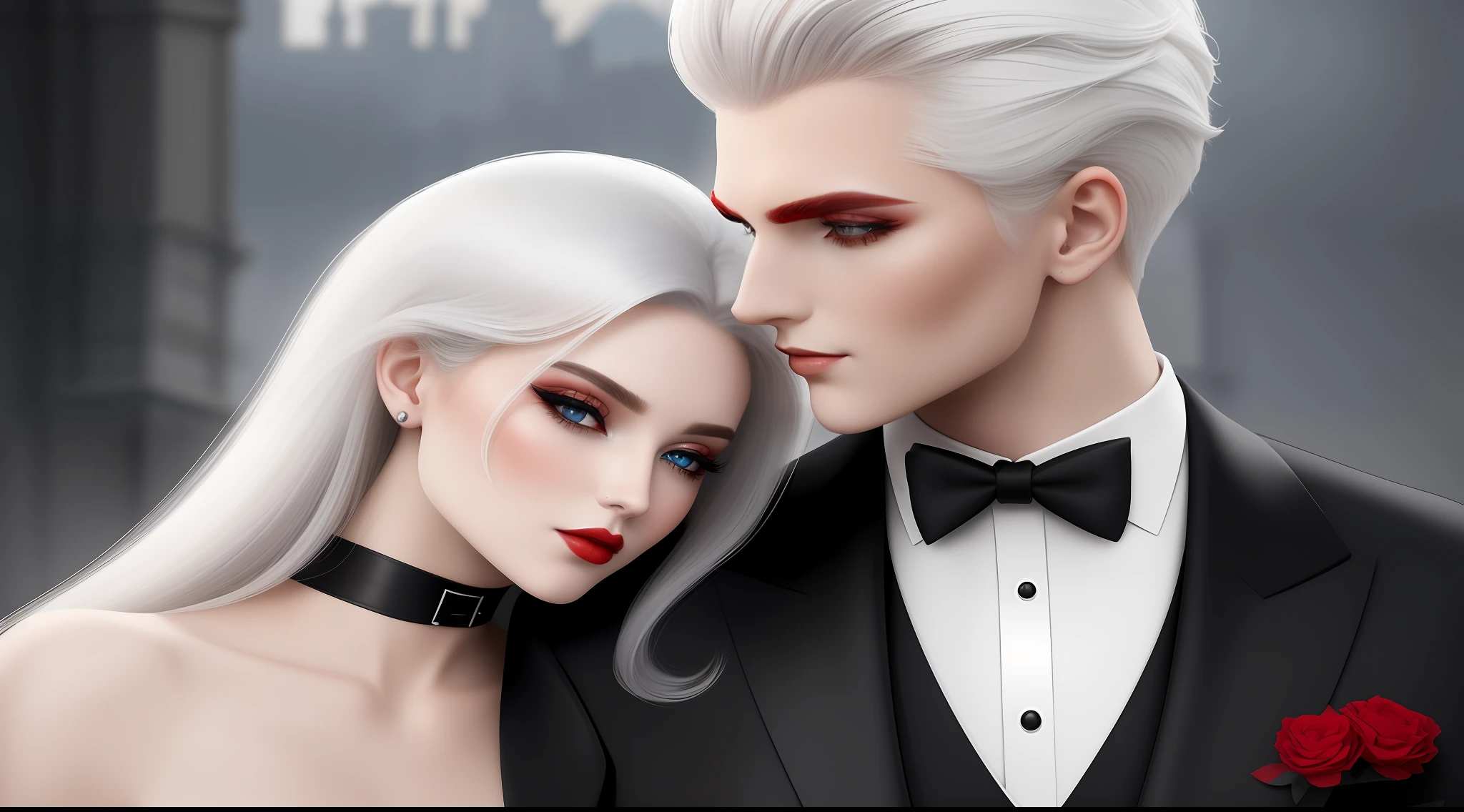 A suggestive embrace between a young redhead and a white-haired man against a Gothic cityscape. Seus impressionantes olhos prateados, Medium makeup, and red-black dress exude elegance. Longas, Stylized elegant hair in a Greek fashion increases its allure. ele, with red eyes and classic black-blue costume, Fica alto. Um penteado pompadour simples complementa seu rosto raspado. Detalhado e realista, captivate amid the misty lighting. 3D graphics merge modern and classic elements, Creating a high-resolution masterpiece.