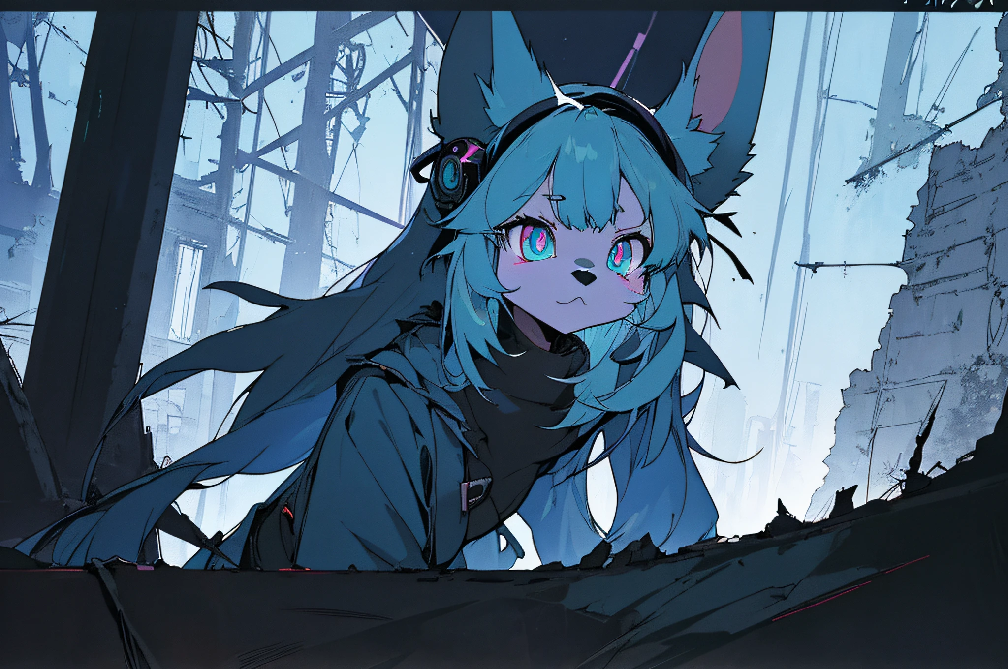 (vintage vhs), (crt screenshot), (((dark scene))), (((dark cloudy scene))), (((bleak dark nighttime unlit scene, dark colors))), (((underground basement scene))), (((unlit nighttime scene))), (((dark abandoned cathedral house))), (((solemn blue anthro kemono furry rabbit exploring old ruins))), (((underground cavern exploring in old ruins))), anime rabbit character with futuristic hair and glowing eyes exploring old ruins, anime art, anime aesthetic, (((old ruins in background cel art))), kemono anime rabbit girl, wearing cybernetic bunny ears, angry female fighter --v6